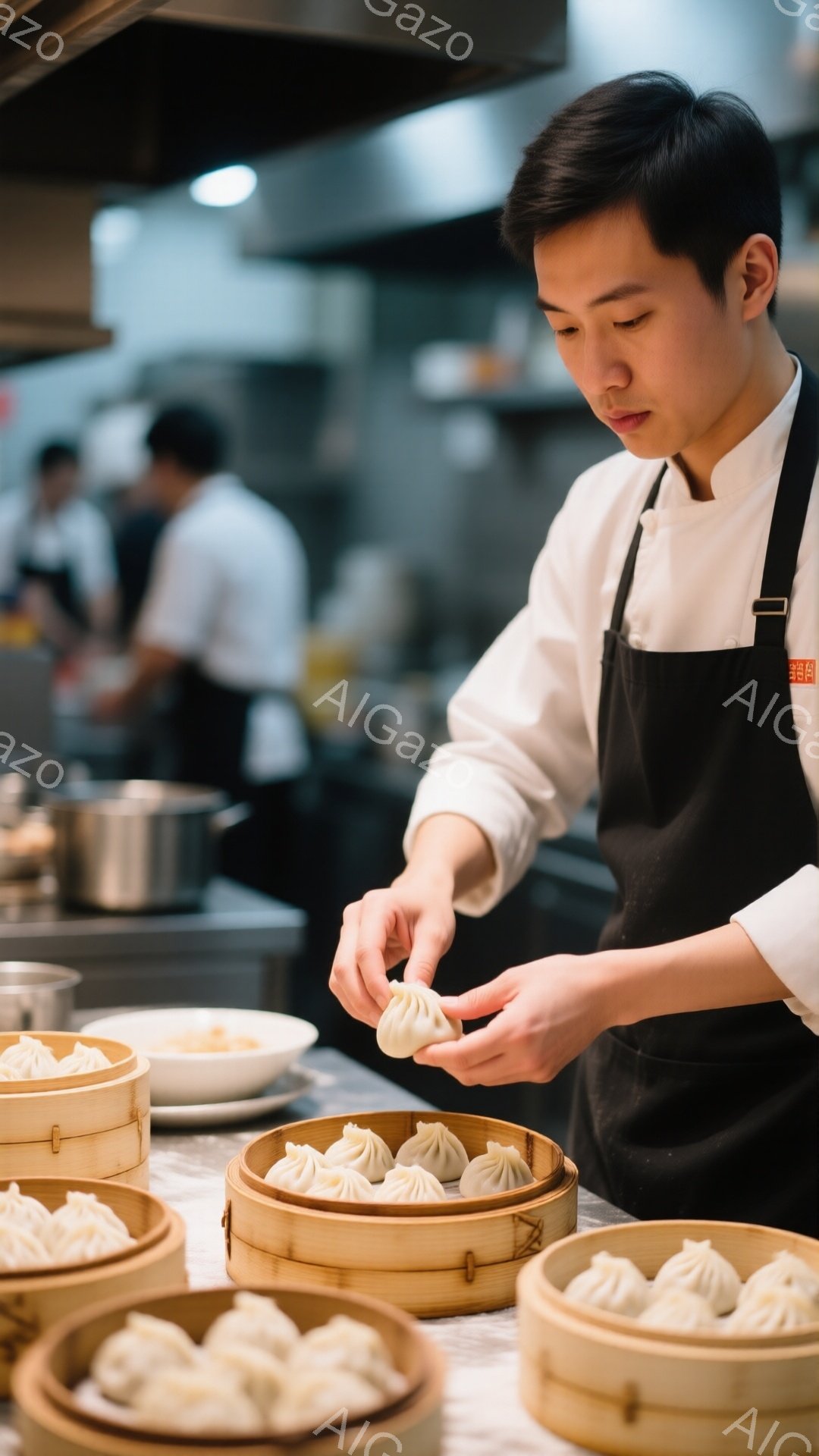 白いコックコートと黒いエプロンを身につけた男性が、蒸し器に並べられた小籠包のような蒸し餃子を作っています。彼は真剣な表情で、手先を器用に使いながら餃子の皮を丁寧に折り込んでいます。背景には他のコックや調理器具が見え、活気のある厨房の様子が伺えます。