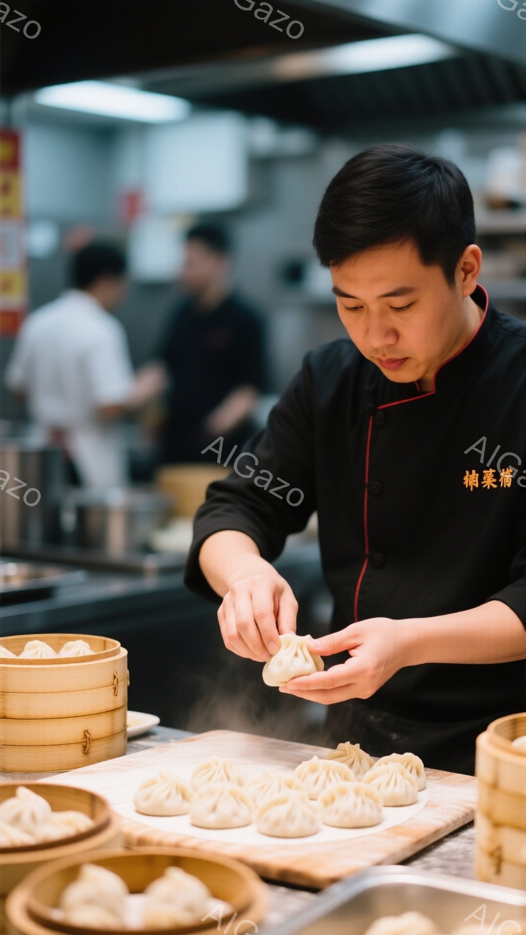 黒い調理服を着た男性が、木製の板の上で餃子の皮を丁寧に包んでいる様子が写っている。彼は集中した表情で前を見据え、熟練した手つきで作業を進めている。背景には蒸し器が積み重ねられ、他の調理人の姿も見え、活気のある厨房の雰囲気が伝わってくる。