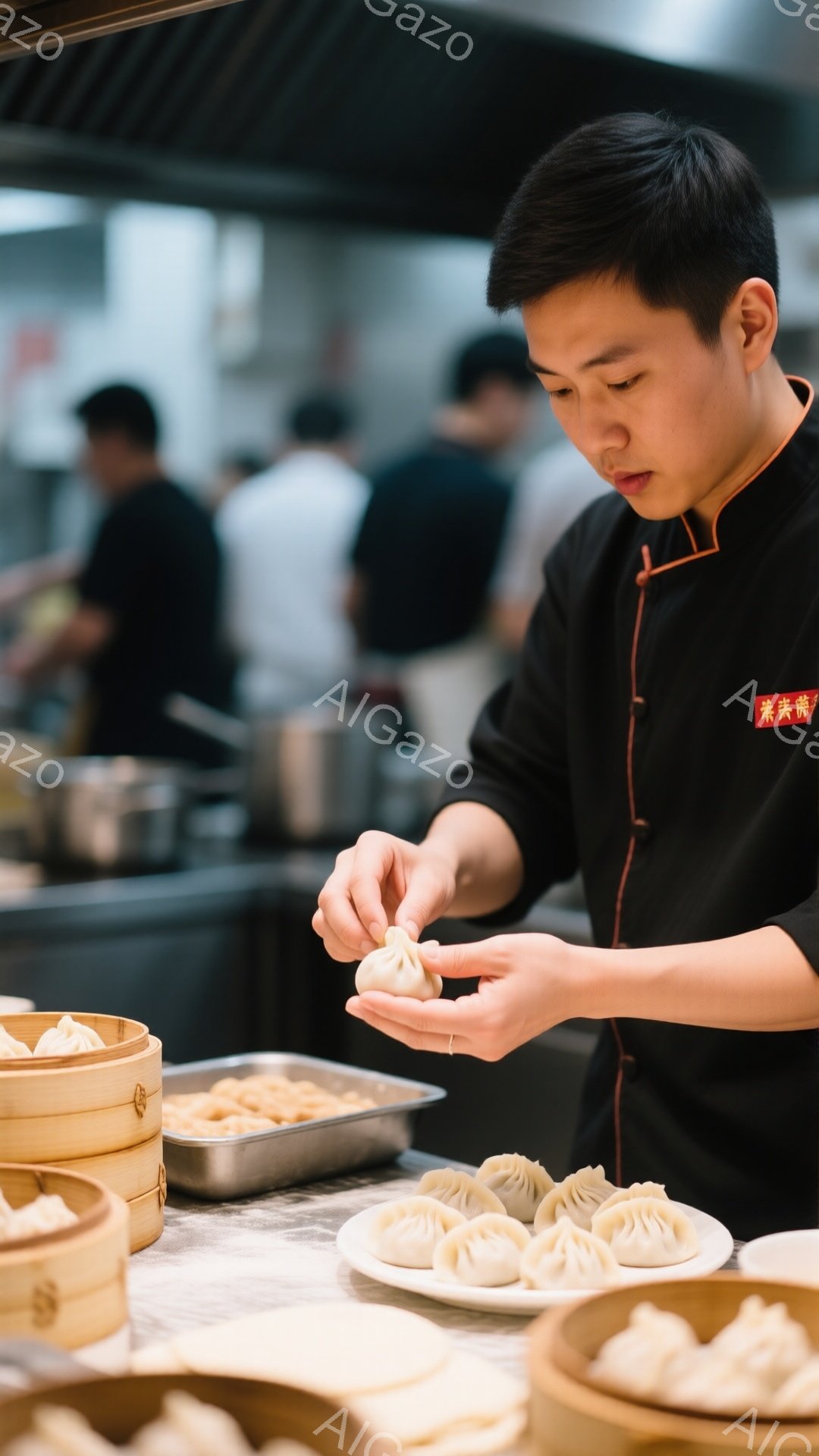 黒いシェフコートを着た男性が、蒸し器から出したばかりの餃子のようなものを手で丁寧に形作っています。彼は真剣な表情で作業に集中しており、その熟練した手つきから職人技が伝わってきます。背景には他の作業員や蒸し器がぼやけて写っており、活気のある厨房の様子が伺えます。
