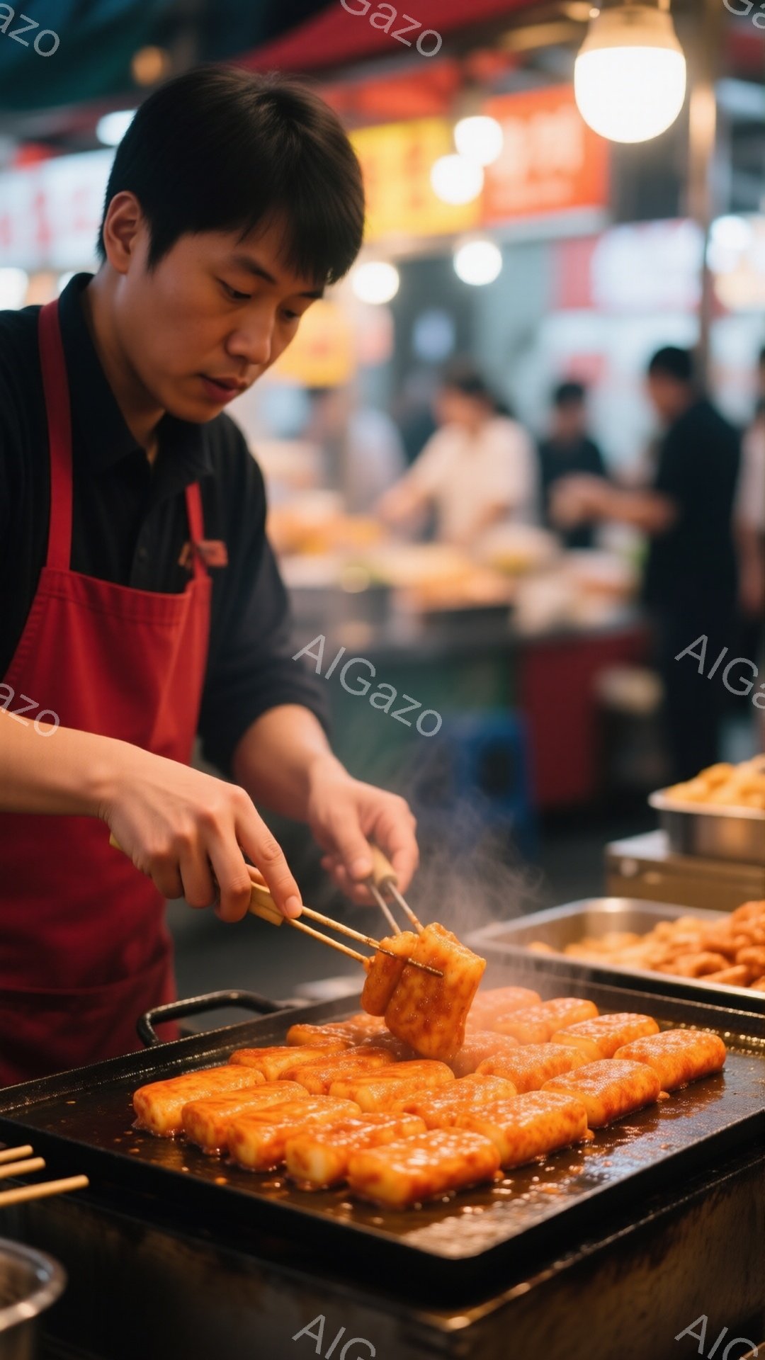 屋台で調理する男性が写っている。彼は黒いシャツに赤いエプロンを着用し、黒髪を短く整えている。鉄板の上でオレンジ色の食べ物をトングで扱い、熱気と湯気が立ち上っている様子が伺える。