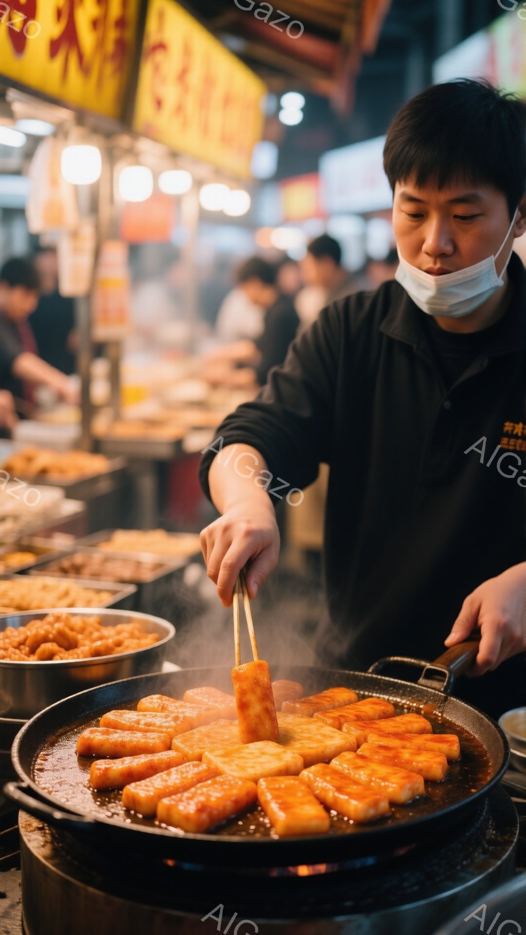屋台で調理をする男性が写っている。彼は黒いシャツを着ており、マスクを着用している。大きなフライパンの中で、赤い色の棒状の食べ物を炒めており、周りには他の調理された食品が並べられている。