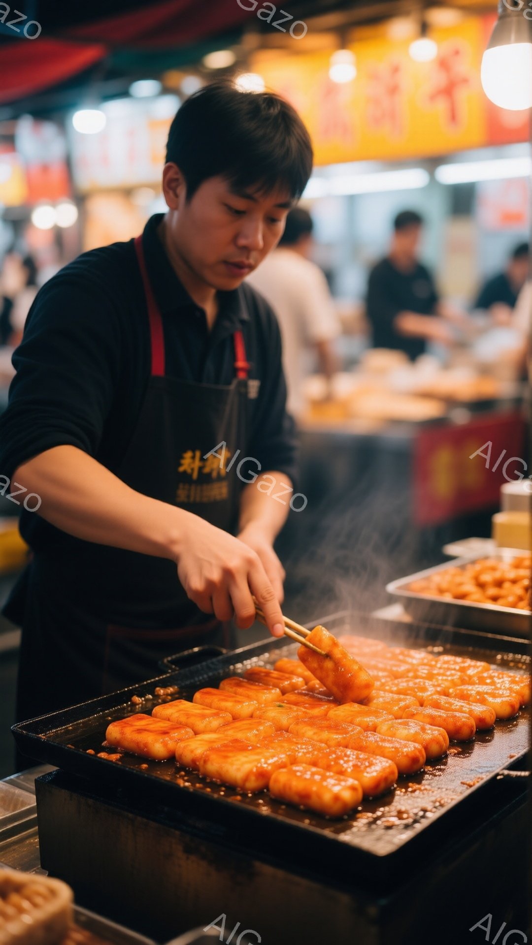屋台の男性が、赤いソースで覆われた串団子を調理している様子が写っている。彼は黒いシャツとエプロンを着ており、短く整えられた髪をしている。背景には他の屋台や人々が見え、賑やかな屋台街の雰囲気が伝わってくる。