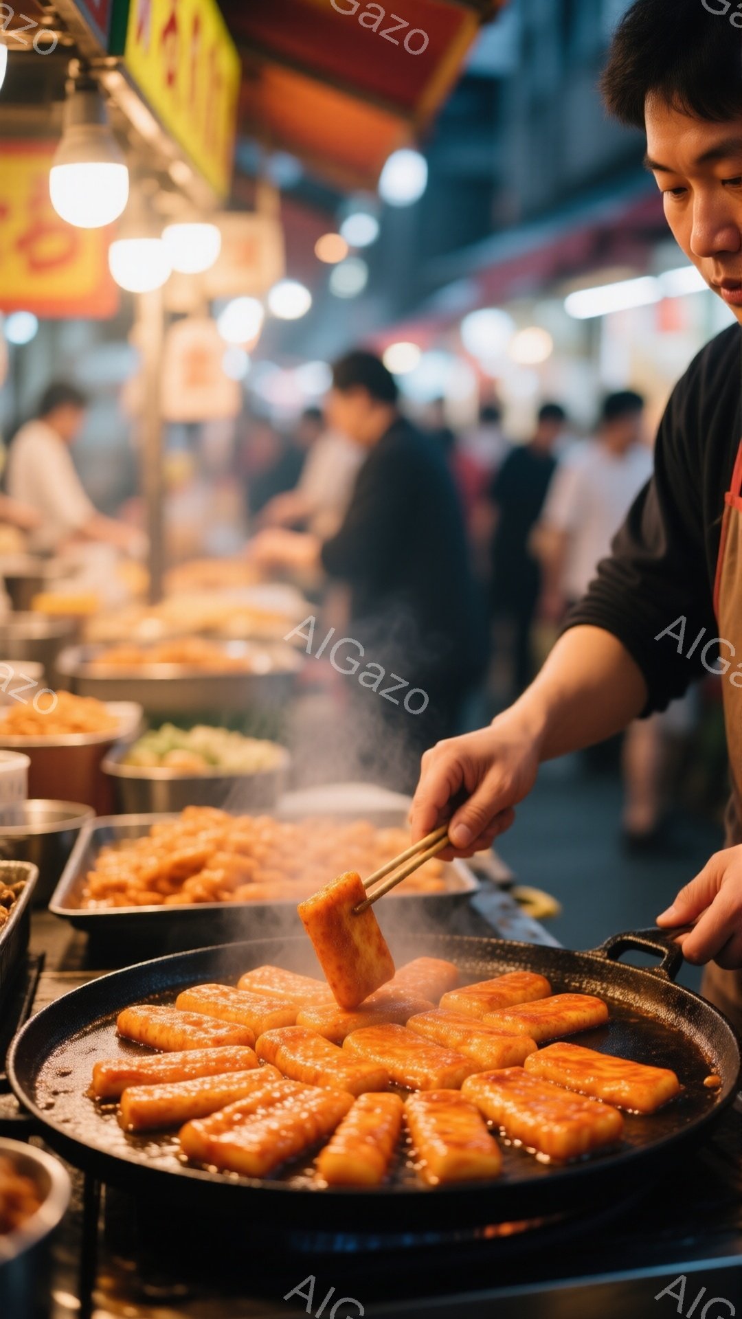 賑やかな屋台の様子で、男性が鉄板でトッポギを焼いている。彼は黒い半袖シャツとエプロンを着用し、集中した表情でトッポギをトングでひっくり返している。背景には多くの人々がいて、屋台の明かりが灯り、活気のある大衆食堂の雰囲気が漂っている。