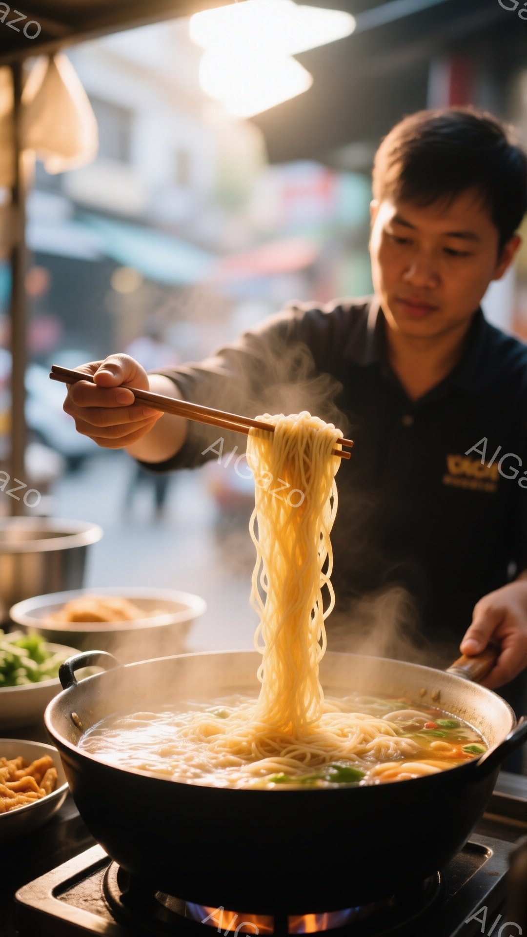 屋台と思われる場所で、男性が大きな鍋から麺を箸で持ち上げている様子が写っている。彼は黒いシャツを着ており、短髪で、やや真剣な表情をしている。背景には他の料理や食器、そしてぼやけた街並みが見え、湯気とともに活気のある屋台の雰囲気が伝わってくる。
