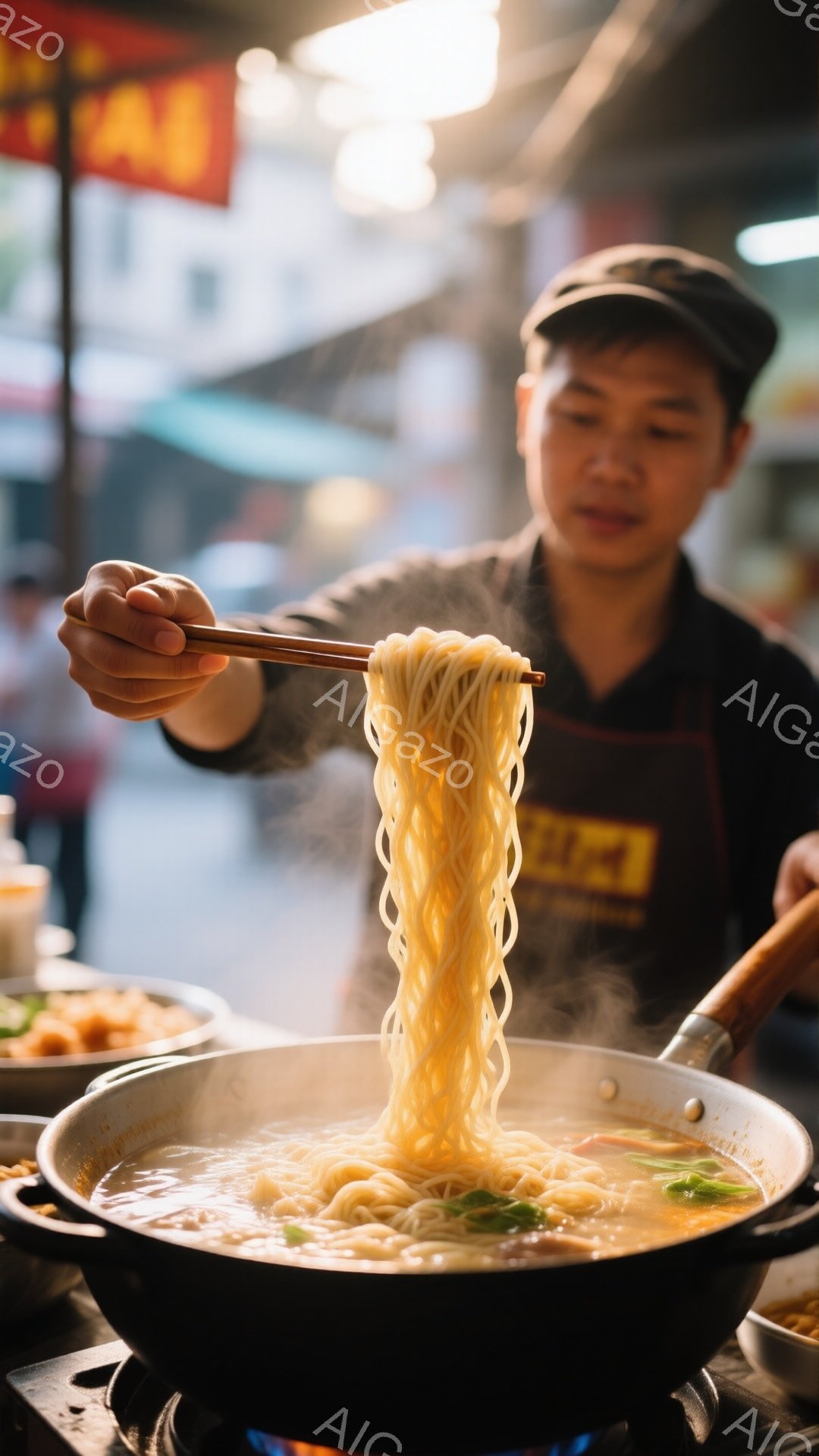 屋台で麺を調理する男性が写っている。黒い帽子と黒いエプロン姿で、集中した表情で箸を使って湯切りをしている。背景にはぼやけた建物や人々が見え、活気のある屋台の雰囲気が漂っている。 - AI生成フリー素材