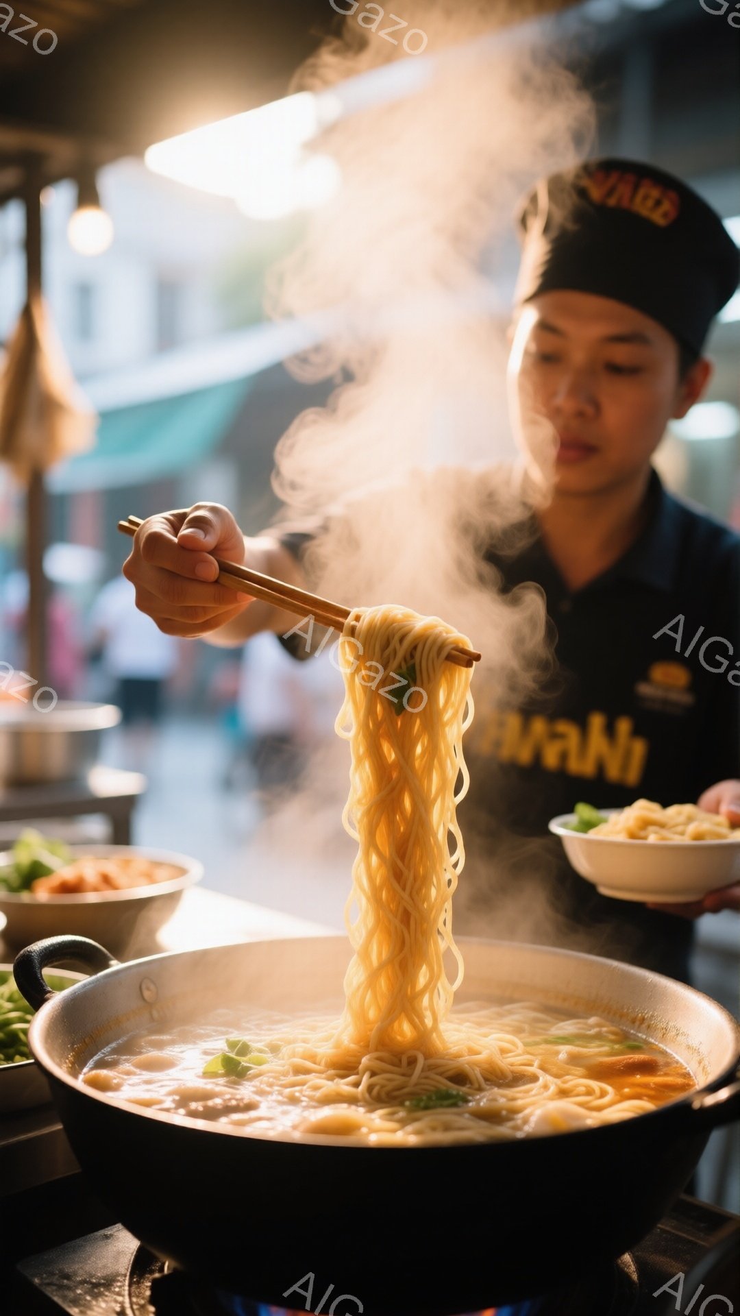 鍋で湯気が立ち上る麺を、男性が箸で持ち上げている様子が写っている。彼は黒い帽子と黒い服を着ており、真剣な表情で麺を調理している。背景には他の料理や建物が見え、屋台のような賑やかな雰囲気を感じさせる。