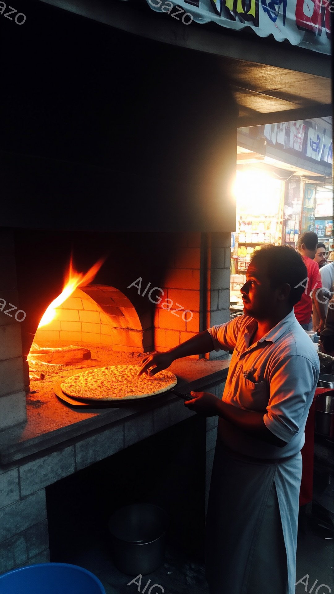 男はレンガ造りの窯の前で、ピザを窯に入れようとしています。彼は明るい色のシャツとエプロンを着ており、真剣な表情で作業に集中しています。背景には、人や店舗が見え、活気のある市場のような雰囲気で、窯の炎が暖かく照らしています。