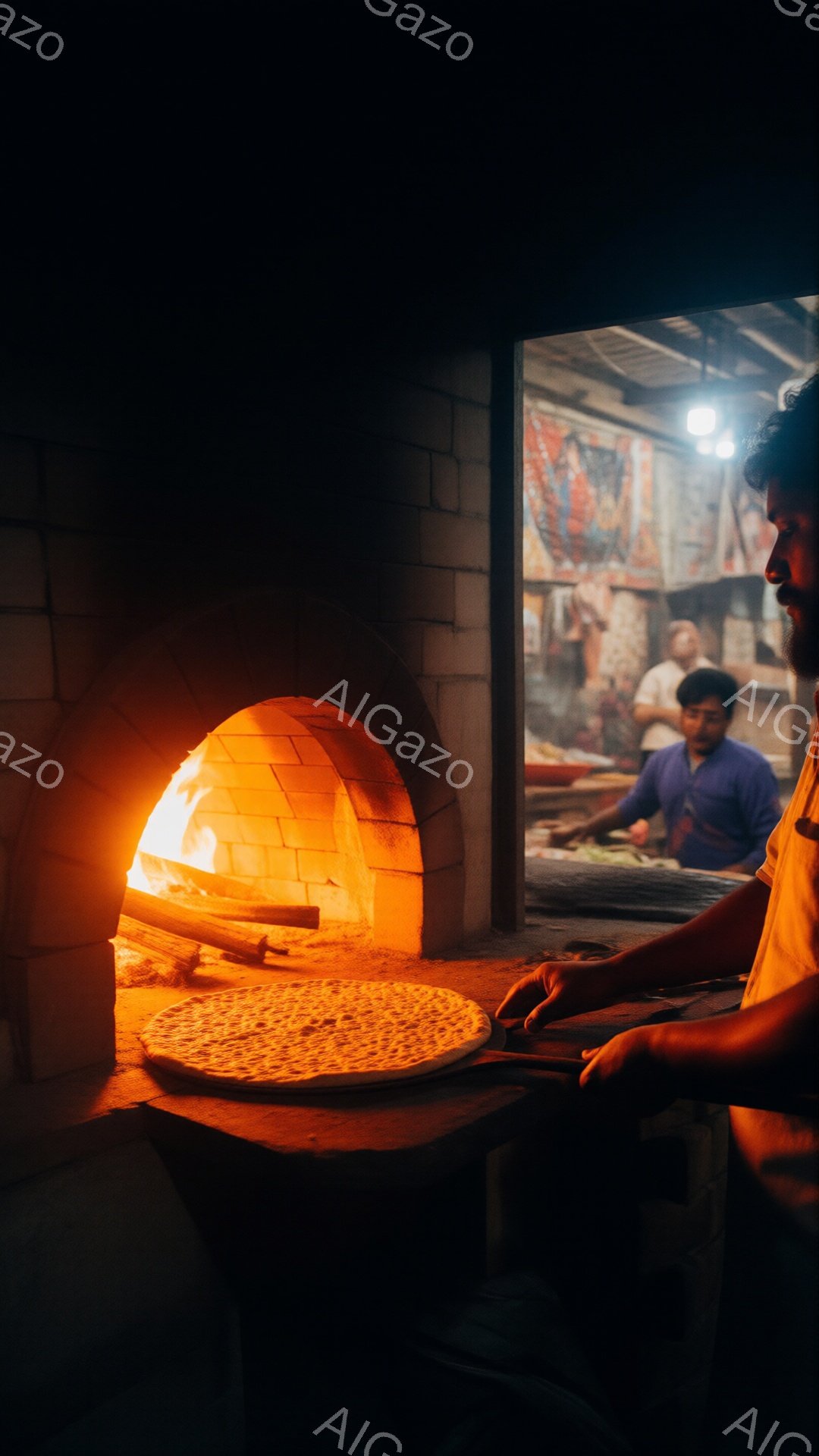 レンガ造りの窯の中で、平たいパンのようなものが焼かれています。 作業員は白いシャツを着ており、窯の中でパンを調整しています。 背景には他の作業員がおり、全体的に暖かく、活気のある雰囲気です。