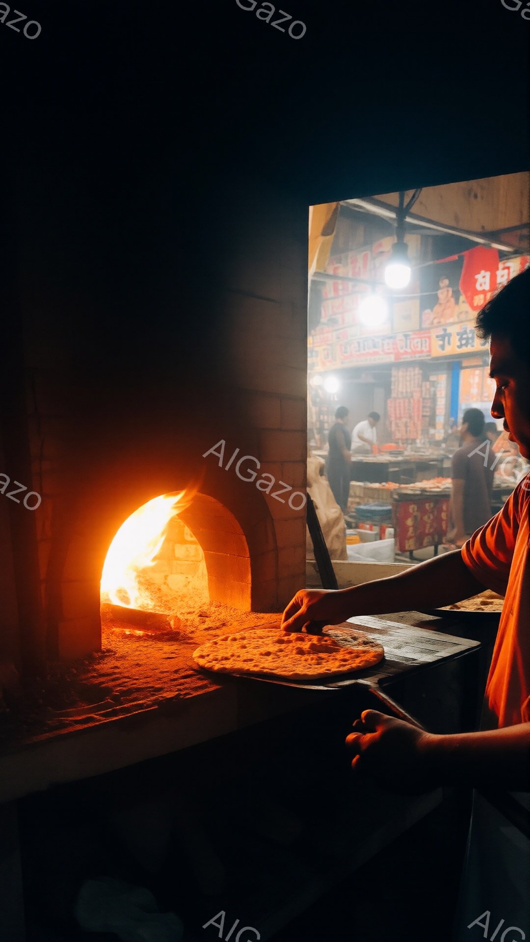 レンガ造りの窯の中で、ナンが焼かれている様子が捉えられている。男性はオレンジ色のシャツを着ており、窯の中にナンを置くために身を乗り出している。背景には、活気のある通りや店が見え、夜間の賑やかな雰囲気が漂っている。