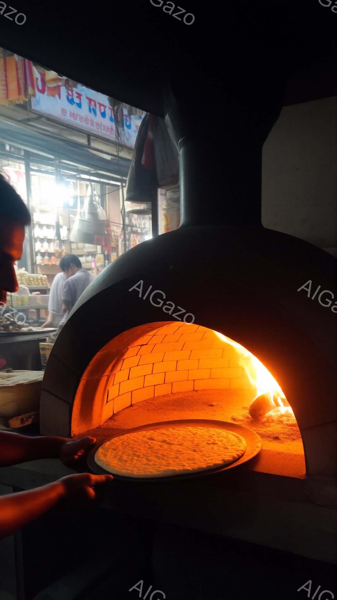 レンガ造りの窯の中でピザのようなものが焼かれている様子が捉えられている。左手にはピザを窯に入れる人物の腕と手が写っており、背景には調理器具と、インド文字が書かれた看板が見える。窯の内部は明るいオレンジ色に照らされ、熱気が伝わってくるような、活気のある雰囲気である。