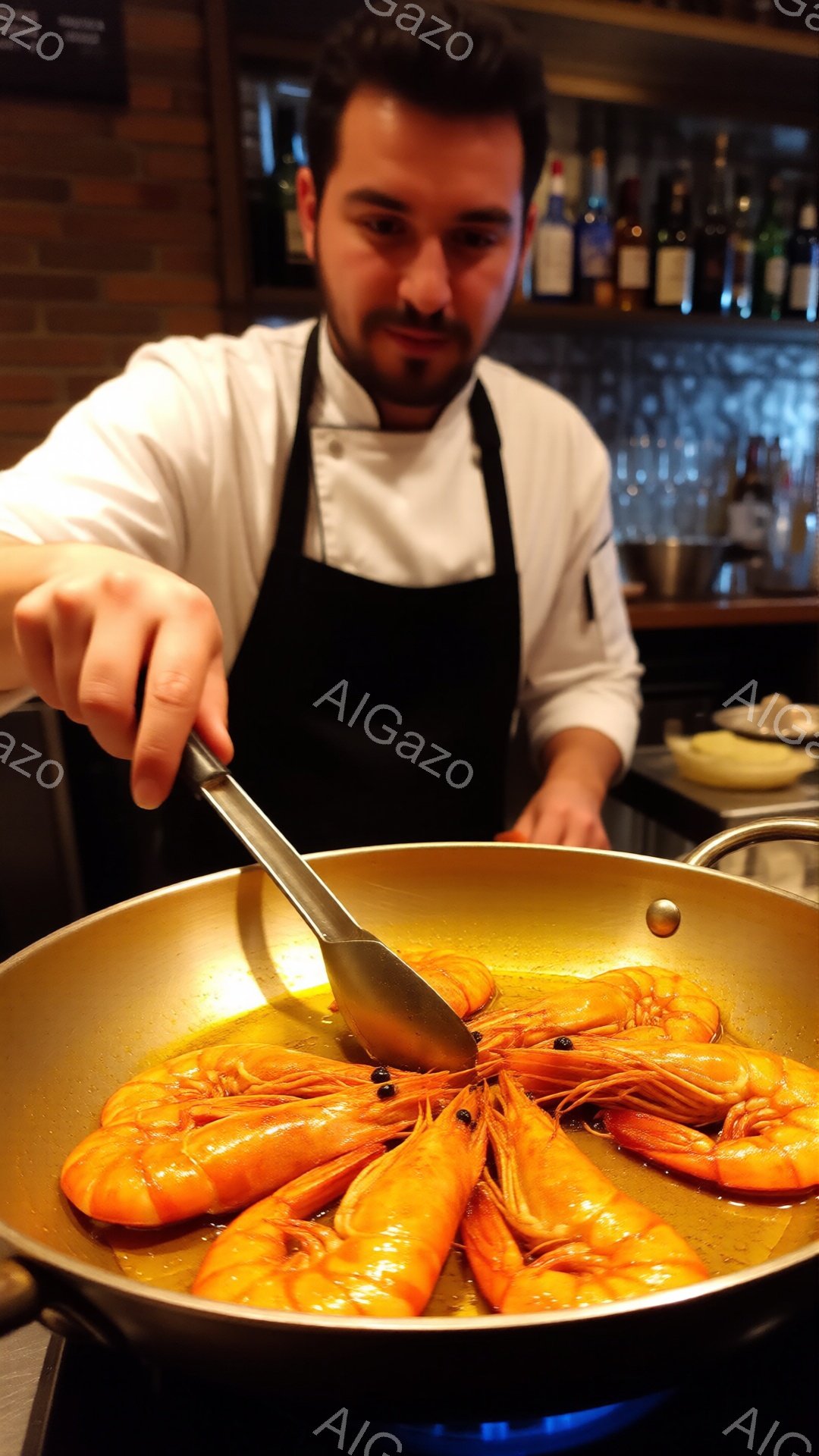 鮮やかなオレンジ色のエビがフライパンの中で調理されている様子を、男性がトングで手際よく扱っている。彼は白いコックコートと黒いエプロンを着用し、短髪で整髪されており、真剣な表情で調理に集中している。背景には、ボトルが並んだバーカウンターが見え、レストランのような暖かく活気のある雰囲気が漂っている。