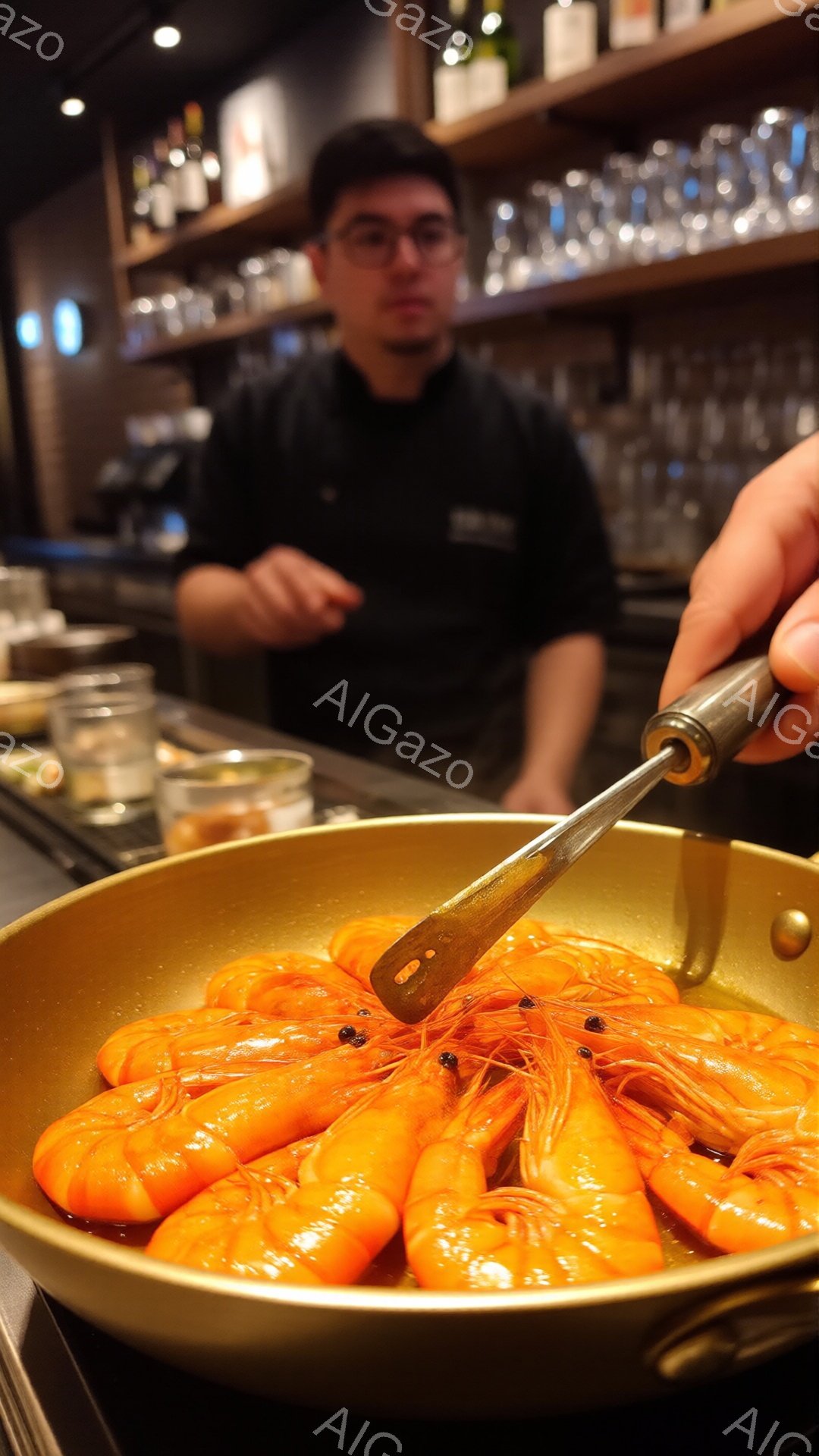 鍋の中でエビが調理されている様子が写っている。エビは鮮やかなオレンジ色をしており、トングで注意深く扱われている。背景には、黒いシャツを着た男性がぼやけており、ラックに並んだグラスが見える。