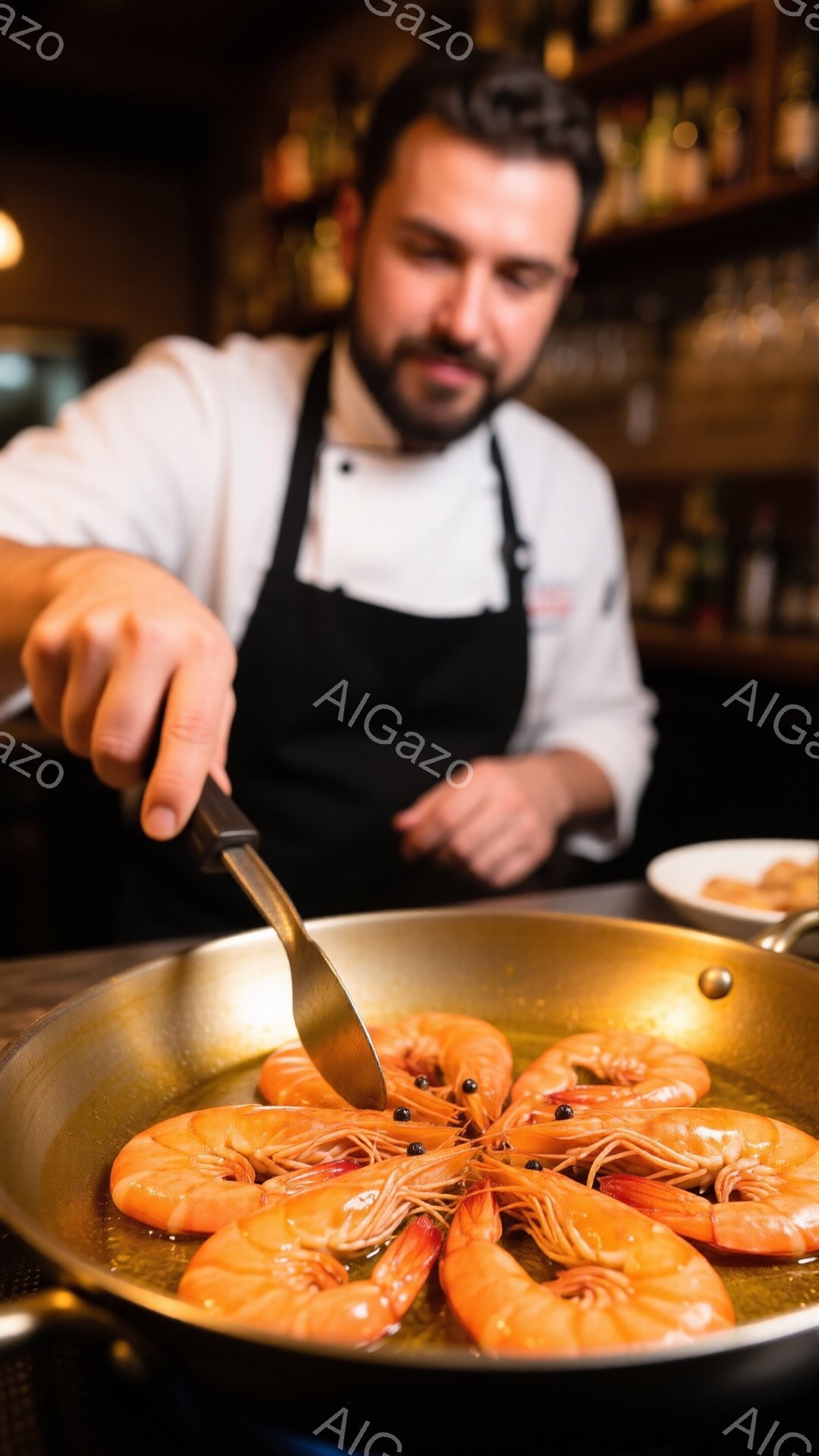 ひげのある男性が調理中のエビのフライパンを見下ろしています。彼は白いコックコートと黒いエプロンを着ており、真剣な表情でエビをならしています。背景には棚があり、暖色系の照明が料理の雰囲気を高めています。