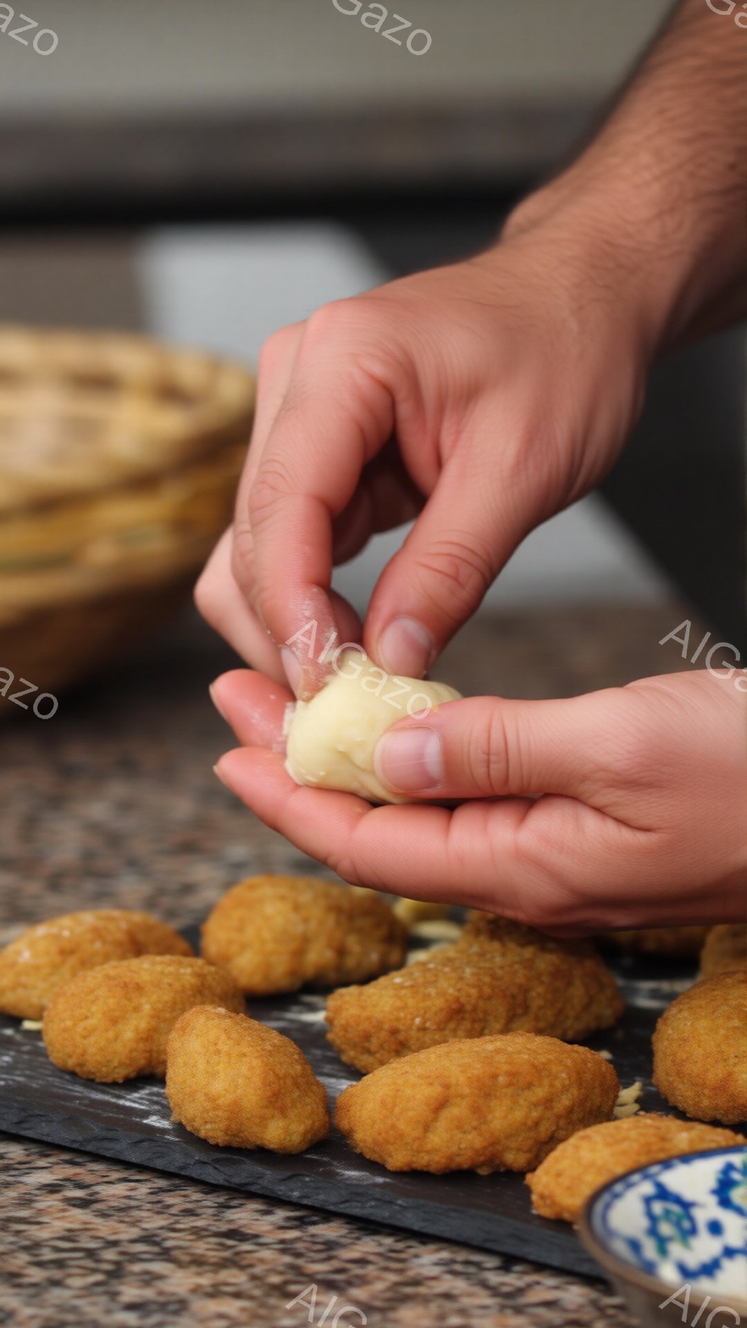 画像は、調理中の手元をクローズアップしたものです。小麦粉を少しまぶした白い生地を、片方の手が指先で優しく丸めています。背景には、すでに揚げられた茶色のコロッケのようなものが並べられた黒い板と、青い模様の磁器、そしてパンが入ったかごが見え、調理の過程を表しています。
