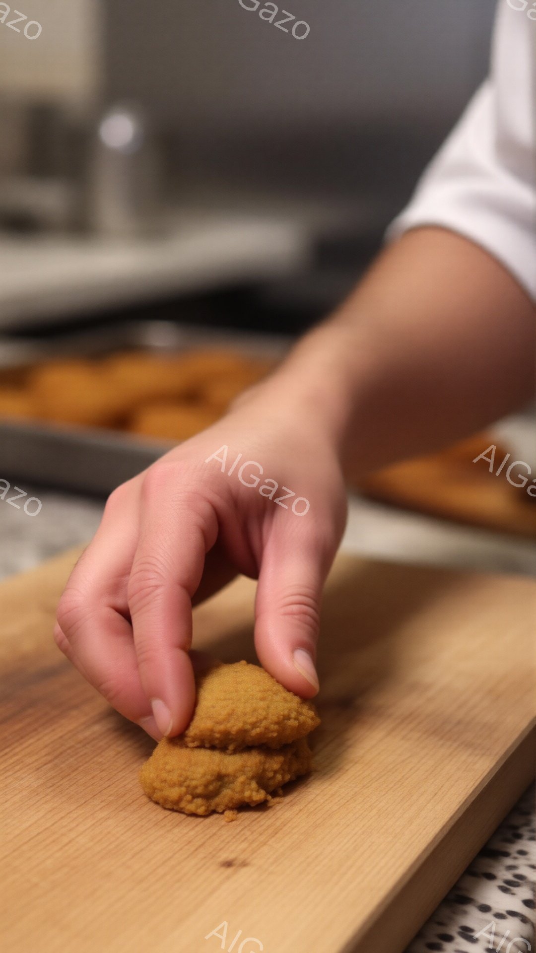 覆われた調理師の制服を着た人物が、木製のまな板の上に置かれた小さな黄金色の揚げ物をつまんでいます。背景には、同じ揚げ物が並んだ天板が見え、調理室の様子が伺えます。全体的に暖色系の色調で、手作業による調理の温かみが感じられるシーンです。