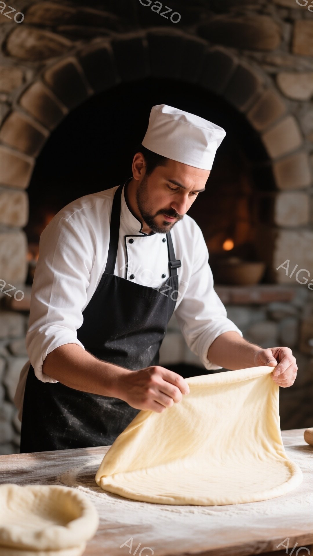 白い帽子とエプロンを身につけた男性が、小麦色の生地を両手で広げている。彼の表情は真剣で、職人としての集中力が感じられる。背景には石造りの窯があり、暖かく素朴な雰囲気のパン工房で作業している様子がうかがえる。