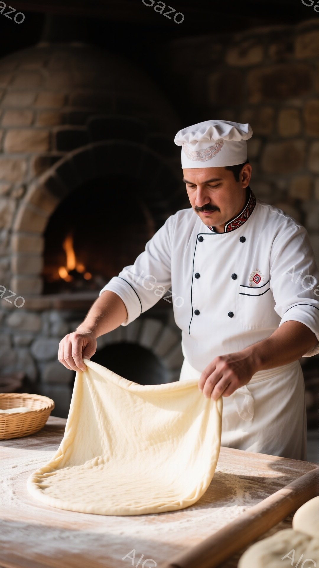 白いコック帽とコックコートを着た男性が、小麦粉を練った生地を両手で広げている。彼の表情は真剣で、熟練した職人技が感じられる。背景には石造りのオーブンとパンバスケットが見え、温かみのある雰囲気の中でパン作りが行われている様子が伝わる。