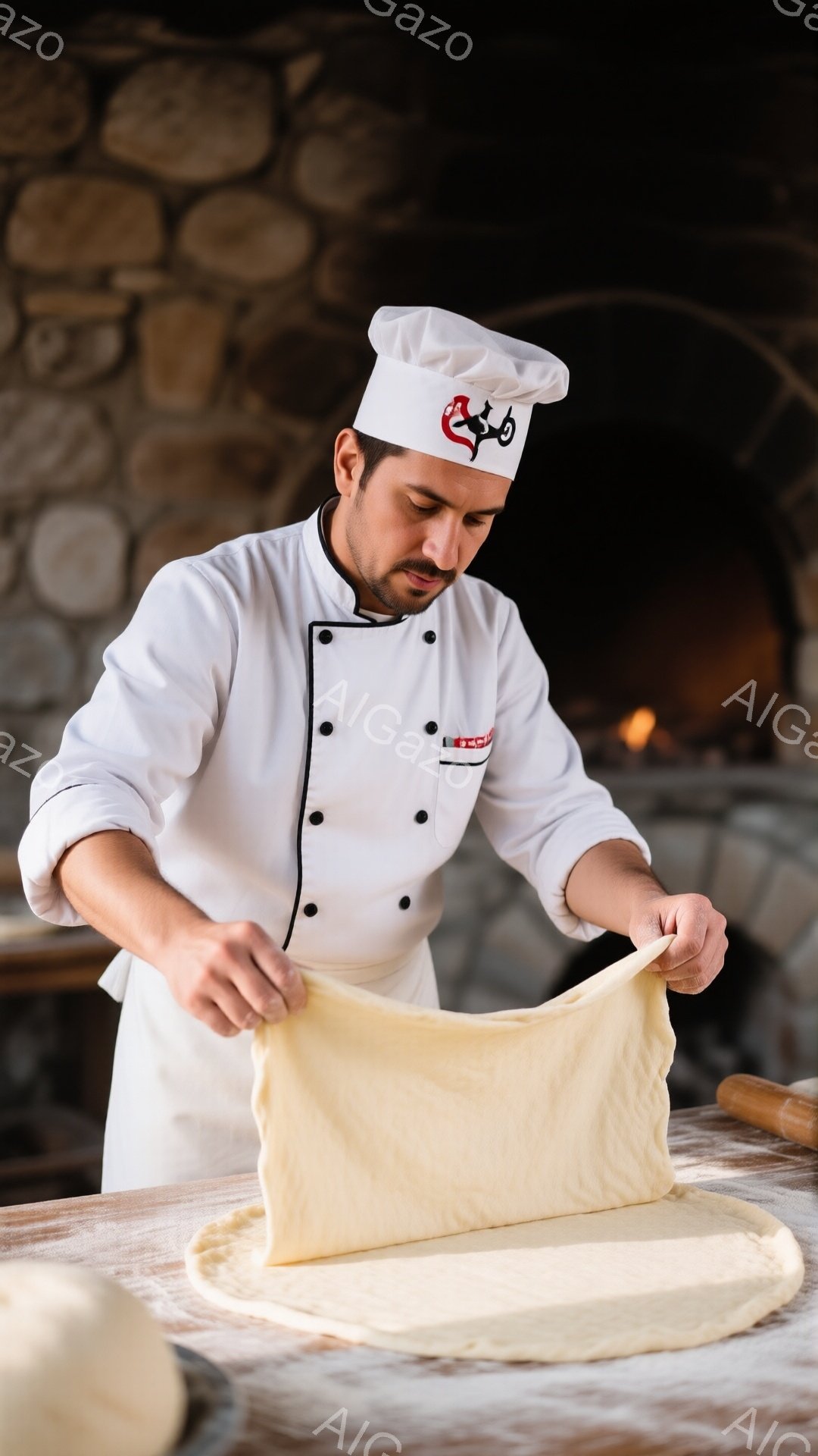 白いコックハットとコックコートを着た男性が、小麦粉の生地を伸ばしている様子が写っている。真剣な表情で生地を両手で広げ、熟練した職人の技を感じさせる。背景には石造りの壁とオーブンが見え、暖かく伝統的なパン作りの雰囲気が漂っている。