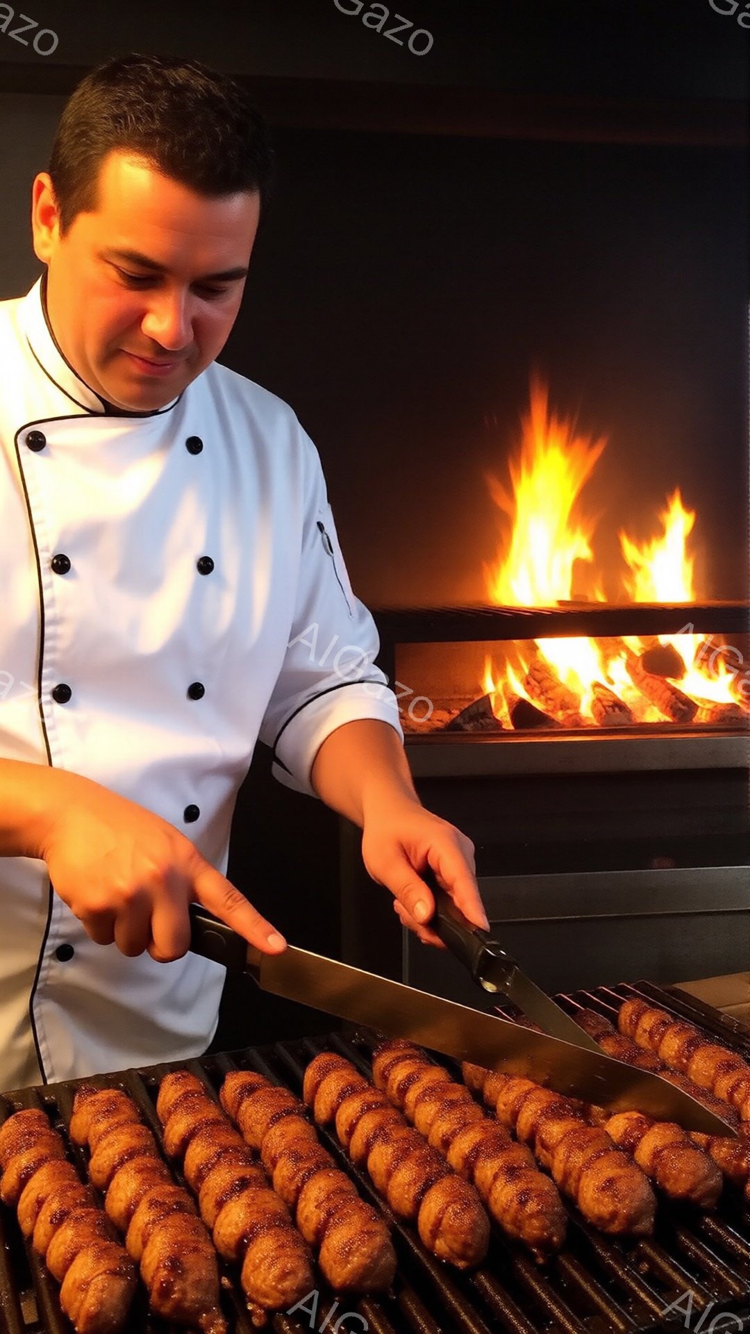 白いコックコートを着た男性が、串に刺された肉を焼いている様子が写っている。彼は真剣な表情で肉を見つめ、金属製のトングを使って丁寧に焼き加減を調整している。背景には燃え盛る炎があり、暖かく活気のある雰囲気が漂っている。