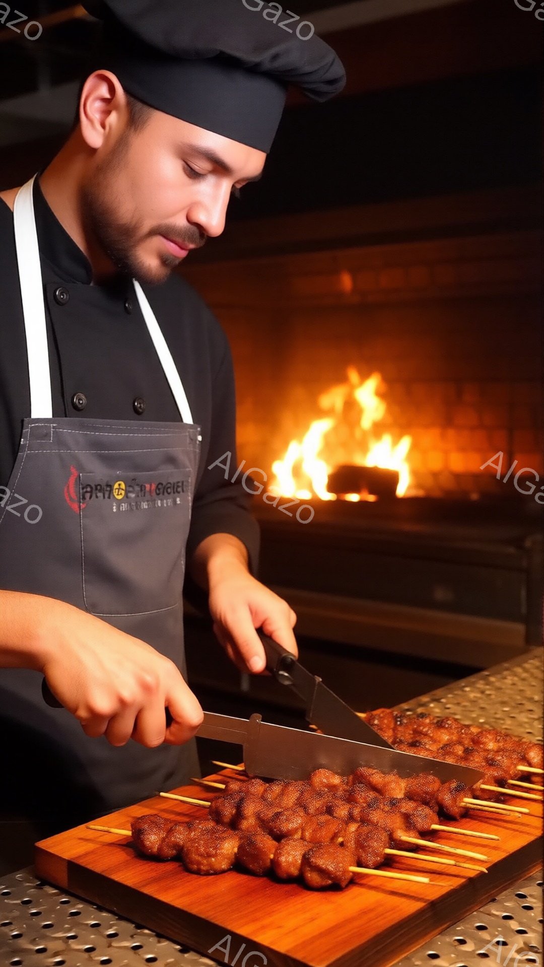 料理人は黒いコック帽とエプロンを着用し、串に刺された肉を包丁で切り分けています。彼は真剣な表情で作業に集中しており、背景にはレンガ造りの壁と燃え盛る炎が見えます。 全体的に、暖かく、プロフェッショナルな雰囲気の料理の瞬間が捉えられています。