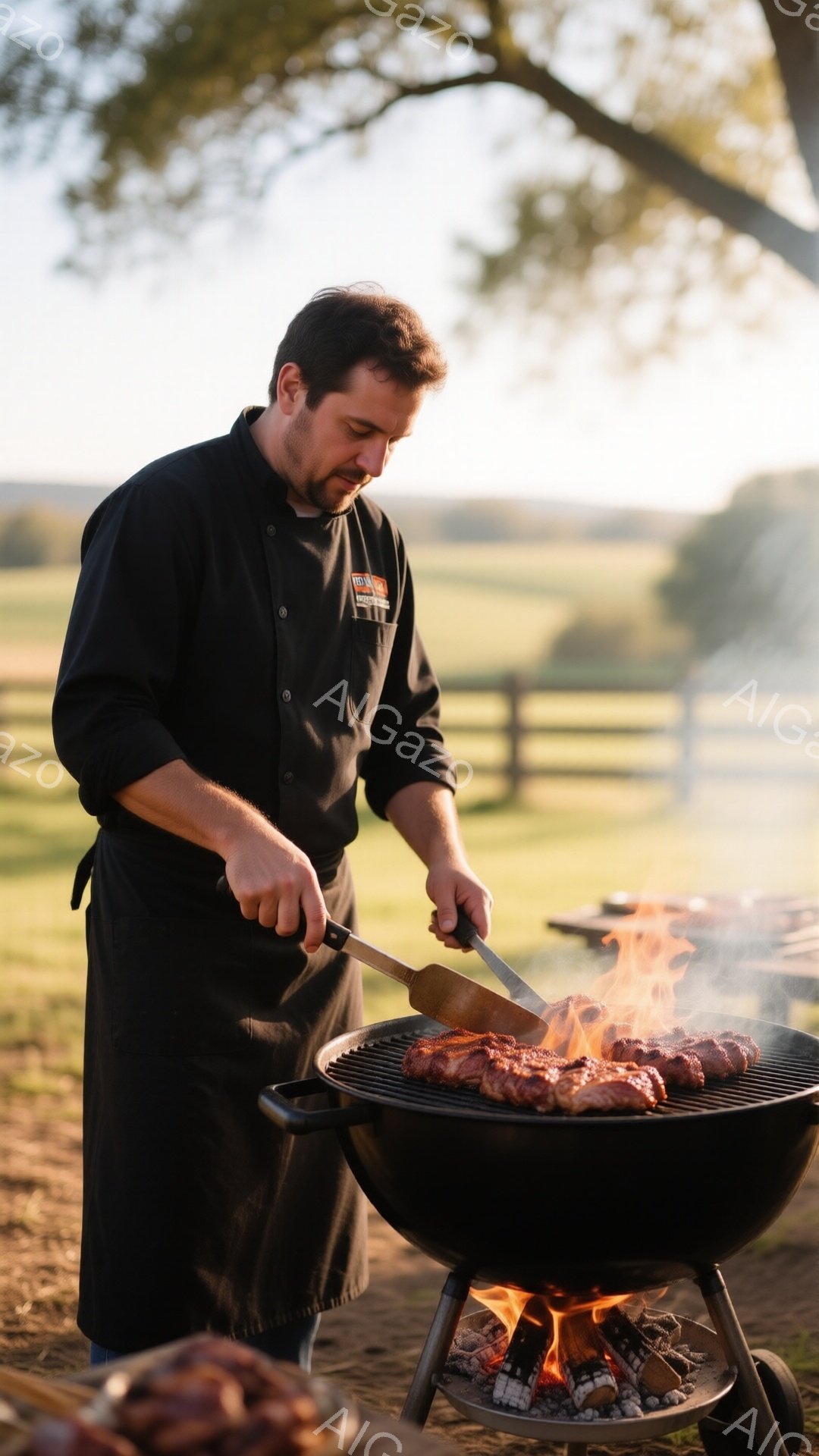 黒いエプロンをつけた男性が、炭火のバーベキューグリルで肉を焼いている様子が写っている。彼は短髪で、真剣な表情で肉を返し、調理に集中している。背景には緑の牧草地と木々が見え、天候は晴れで、暖かく穏やかな雰囲気である。