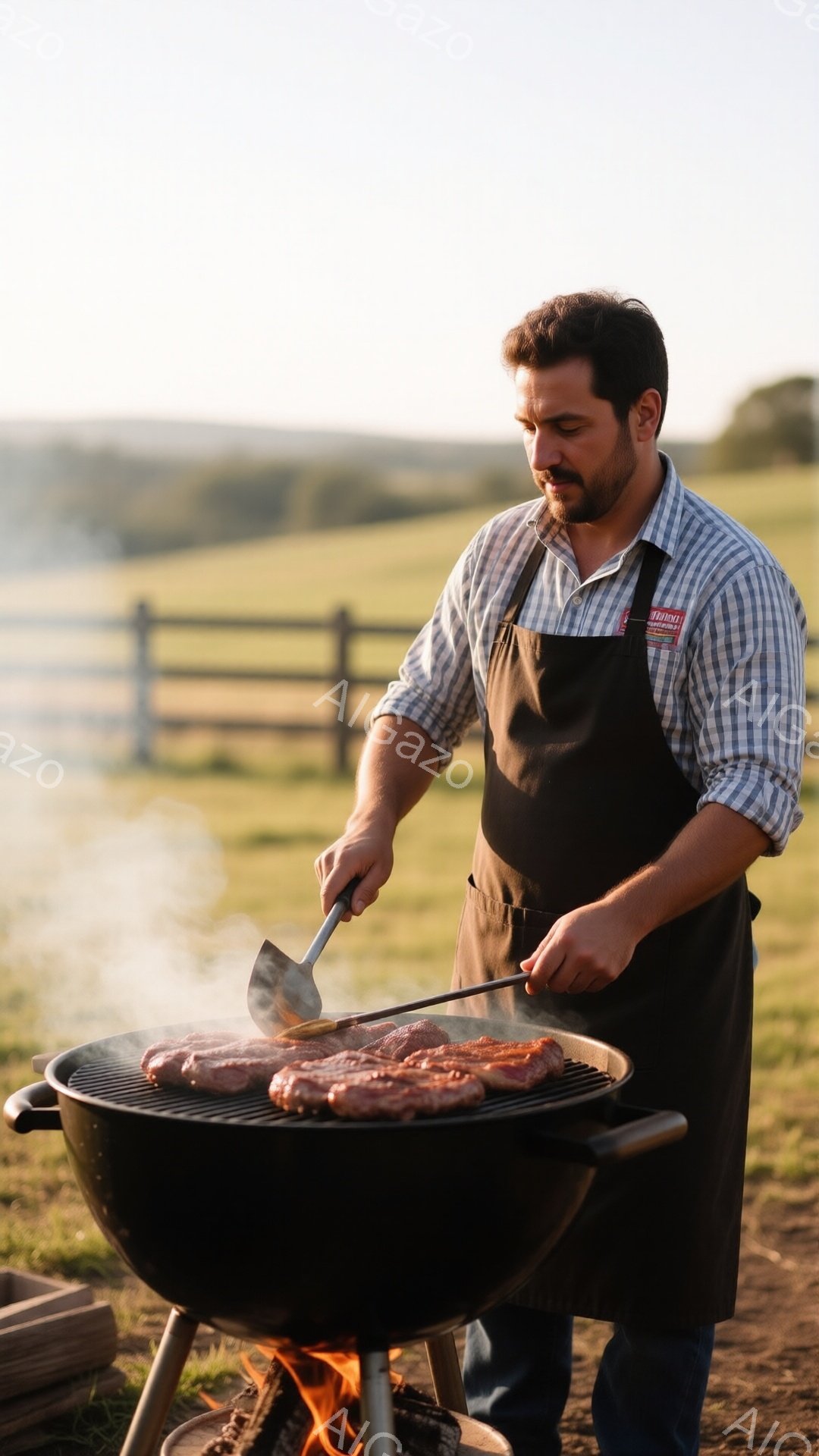 庭でバーベキューをしている男性が写っています。彼はチェックのシャツにエプロンを着用し、炭火のグリルで肉を焼いています。背景には緑の牧草地とフェンスがあり、暖かい夕暮れのような雰囲気です。