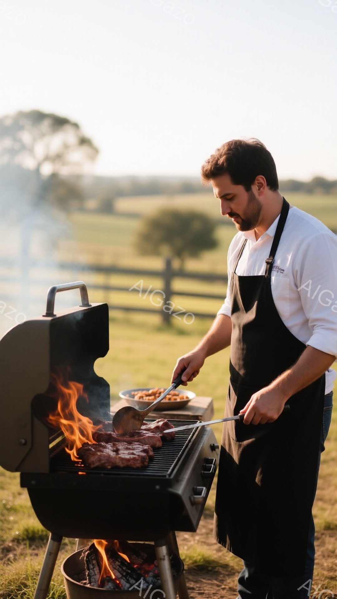 屈強な男性がバーベキューグリルで肉を焼いている様子が写っている。彼は白いコックコートと黒いエプロンを着ており、短く整えられた髭と髪をしている。背景には牧草地とフェンスが見え、晴れた日の温かい雰囲気が漂っている。