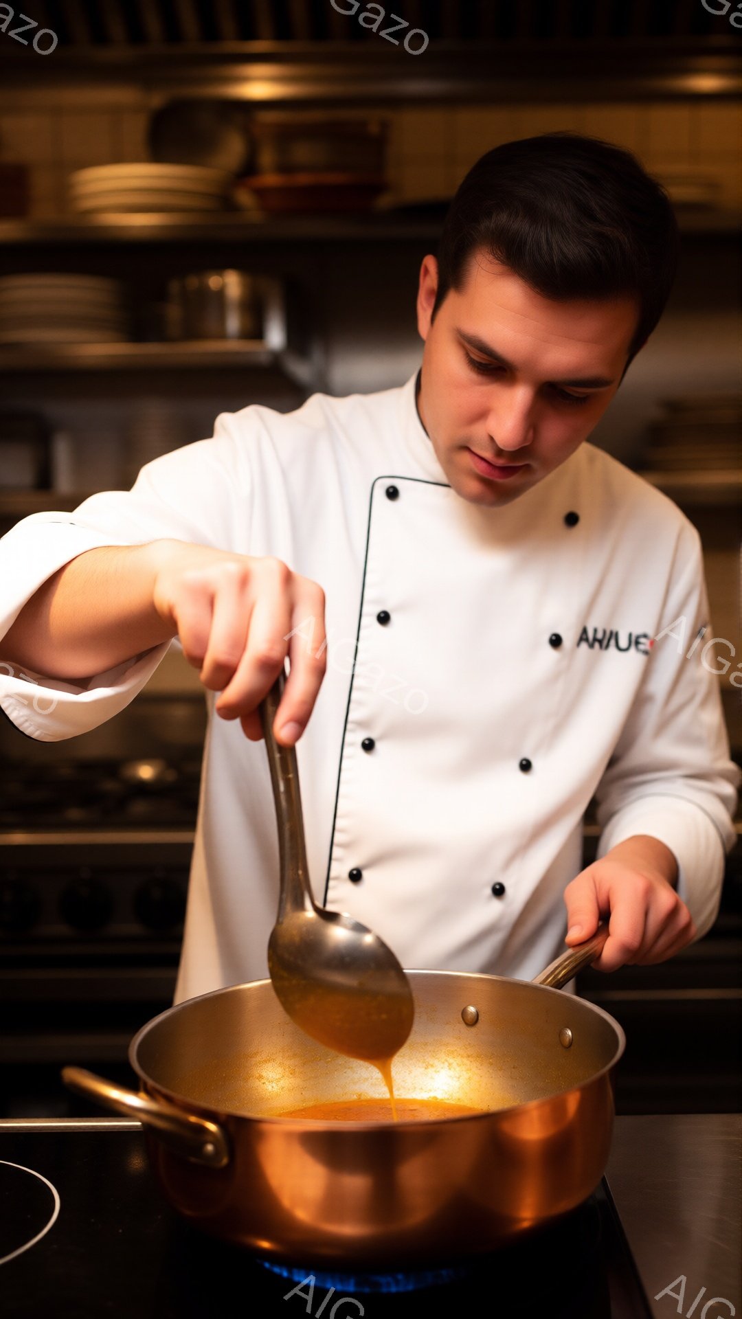 白いコックコートを着た男性が、銅色の鍋に何らかのソースを大きなスプーンで注いでいる。彼は真剣な表情で鍋を見つめ、調理に集中している様子が伺える。背景は薄暗く、調理台と食器がぼんやりと見えるキッチンで、プロフェッショナルな雰囲気が漂っている。