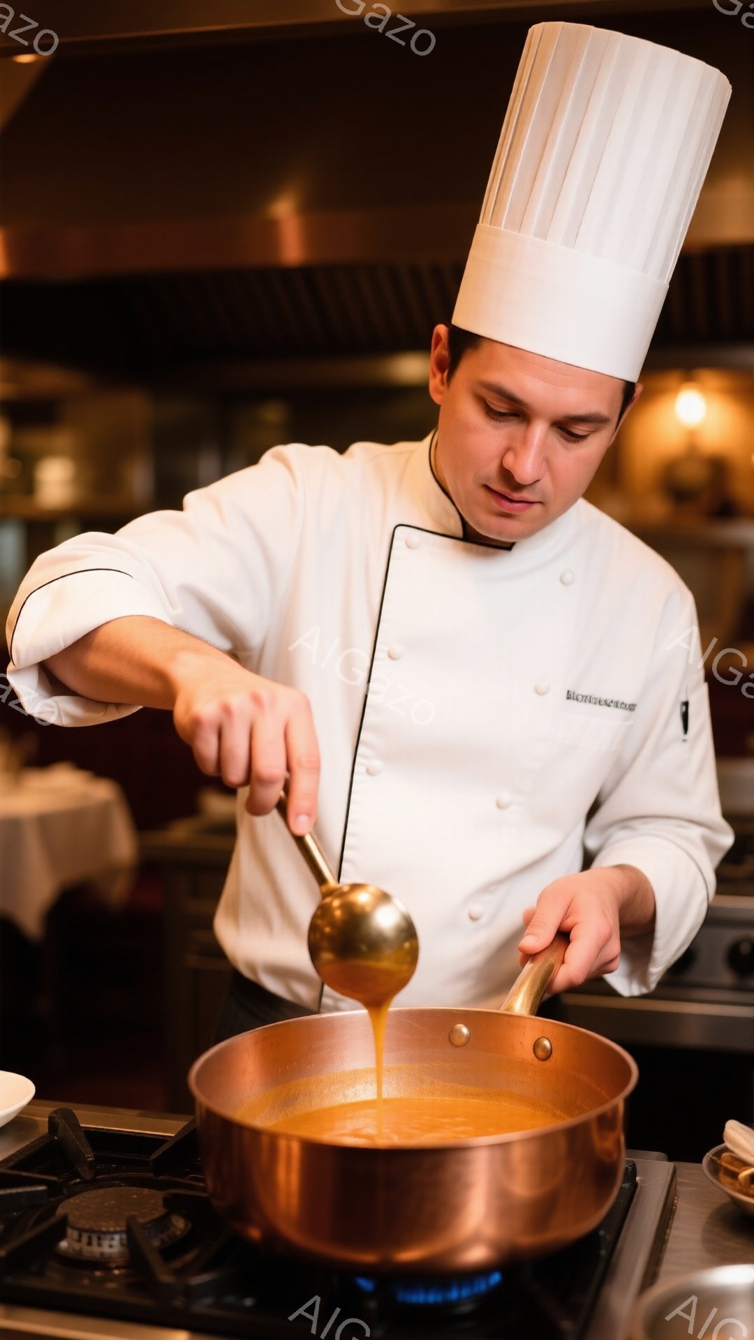 白いコック帽とコックコートを着た男性が、銅色の鍋にソースを注いでいる。彼の表情は真剣で、鍋に集中している様子が伺える。背景には調理台とわずかに見えるテーブルがあり、プロの厨房の雰囲気が漂っている。