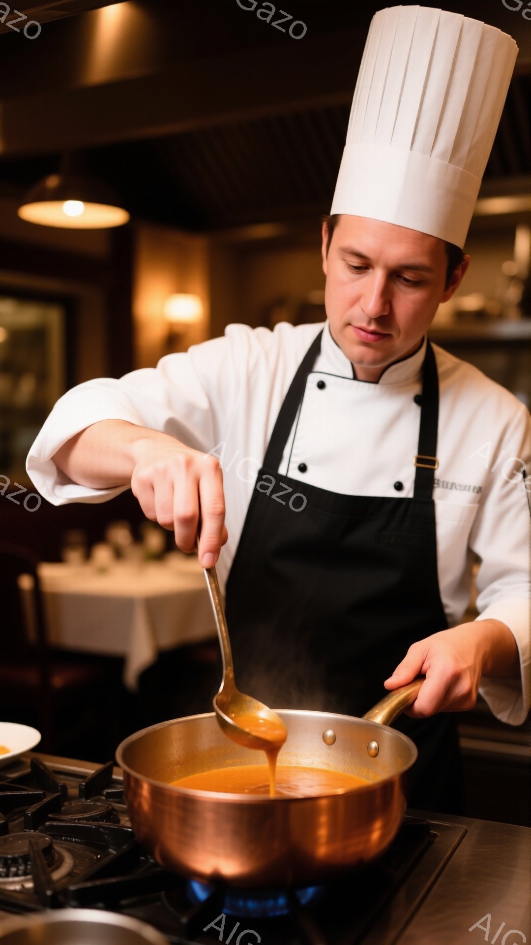 白いコック帽とエプロンを身につけた男性シェフが、銅色の鍋の中でソースを混ぜています。彼は真剣な表情で鍋を見つめ、右手にスプーンを持って丁寧にソースをかき混ぜています。背景はレストランのキッチンで、テーブルと椅子がぼやけて見え、暖かく落ち着いた雰囲気が漂っています。
