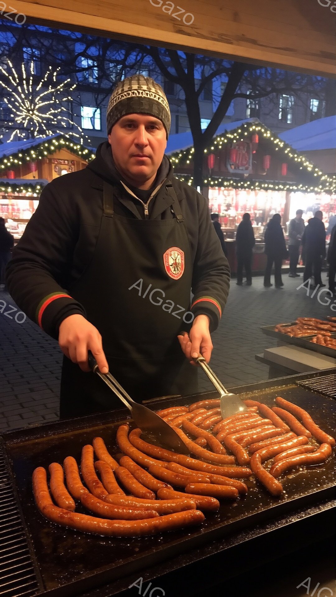 男は黒いパーカーとニット帽を着用し、ソーセージをグリルで焼いている。彼は真剣な表情で、トングを使ってソーセージを丁寧に並べ、調理している様子が伺える。背景にはクリスマスマーケットのような賑やかな光景が広がり、多くの人々が楽しんでいる雰囲気を感じられる。