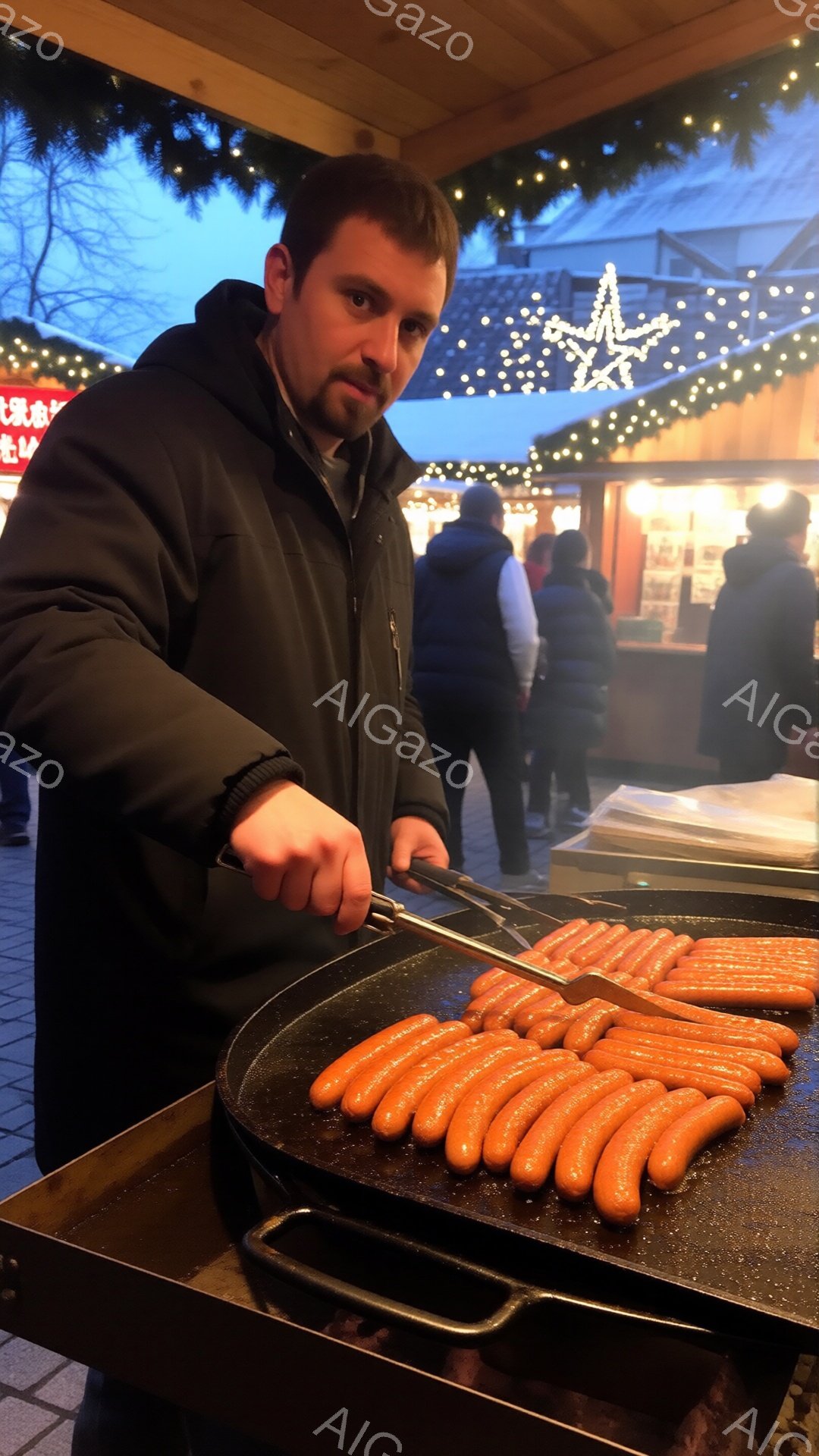 男は黒いジャケットを着て、ひげを生やし、ソーセージを焼く鉄板の前に立っています。彼はトングを使ってソーセージを並べ替えています。背景には、ぼやけた人々、屋台、そしてクリスマスの飾り付けが施された建物があり、冬の夜の賑やかな雰囲気が漂っています。