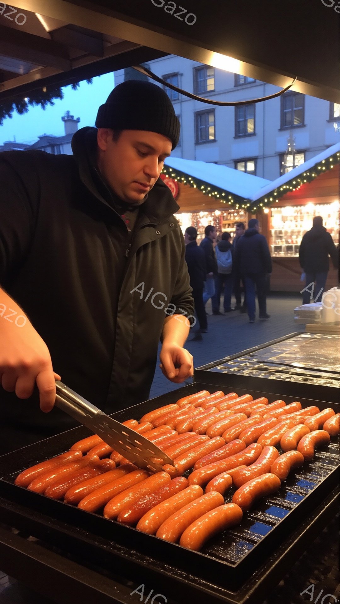 ソーセージを焼いている男性が写っている。彼は黒いニット帽と黒いジャケットを着ており、集中した表情で鉄板上のソーセージをトングで調整している。背景には、クリスマスの飾り付けがされた建物や人々が見え、夜間の賑やかな屋台の雰囲気が伝わってくる。