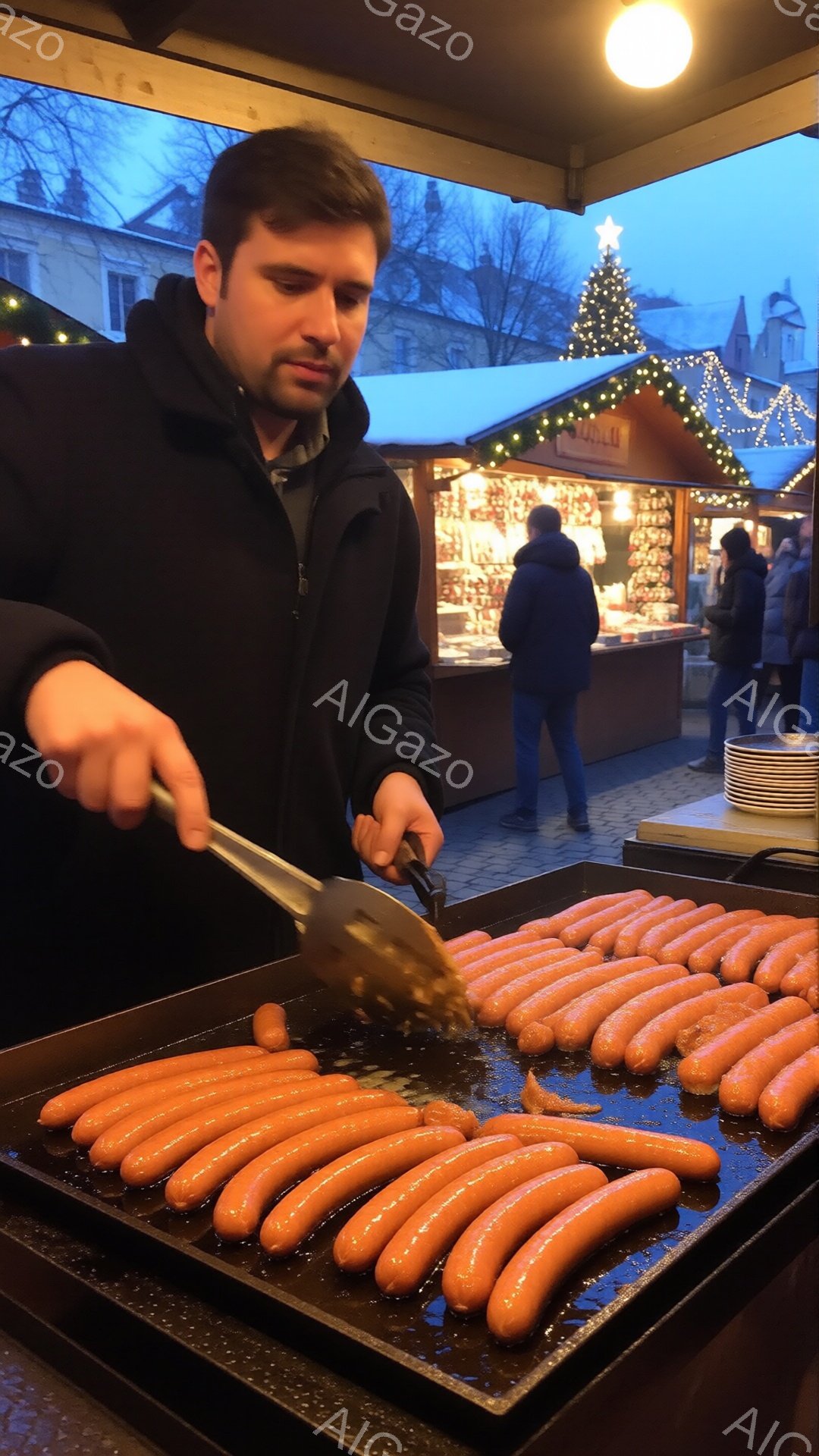 屋台の男性がソーセージを焼いています。彼は黒いジャケットを着ており、短く刈り込んだ髪で、真剣な表情をしています。背景にはクリスマスの飾り付けがされた建物や人々が見え、屋外の冬のマーケットの様子が伺えます。