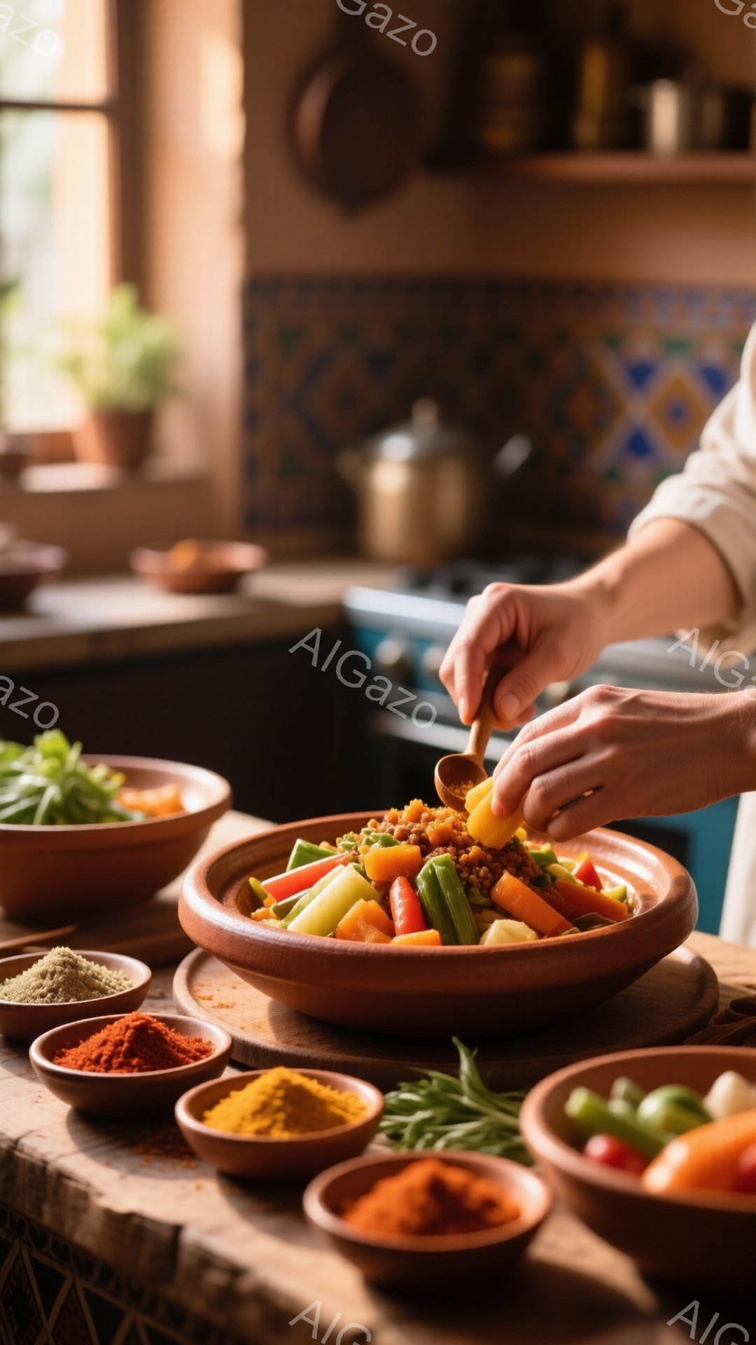 陶器のボウルに、刻んだ野菜とスパイスが混ぜ込まれている様子が写っている。調理している人の手は白シャツの袖から伸びており、ボウルにスパイスを振り入れている。背景には、色とりどりのスパイスの小皿や、素朴なキッチン、そして伝統的な陶器が並び、温かく穏やかな雰囲気を醸し出している。