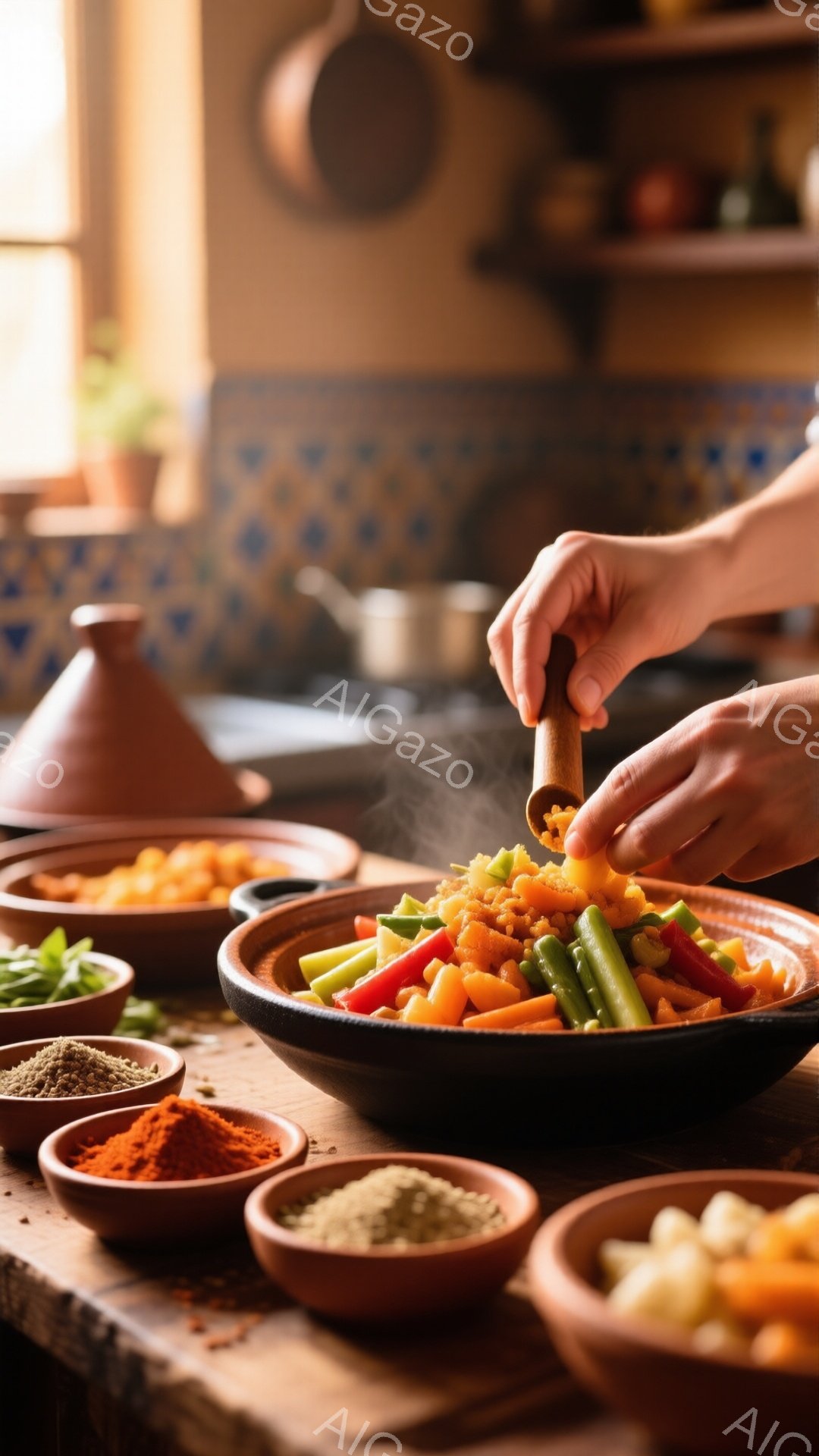 スチームが立ち上る陶器の皿に、香辛料を振りかける手元が写っています。背景には、さまざまな香辛料が入った小さな器や、モロッコ風の装飾が施された建物が見え、温かく素朴な雰囲気を醸し出しています。全体的に、料理への愛情と、異国情緒あふれる食文化を感じさせる一枚です。