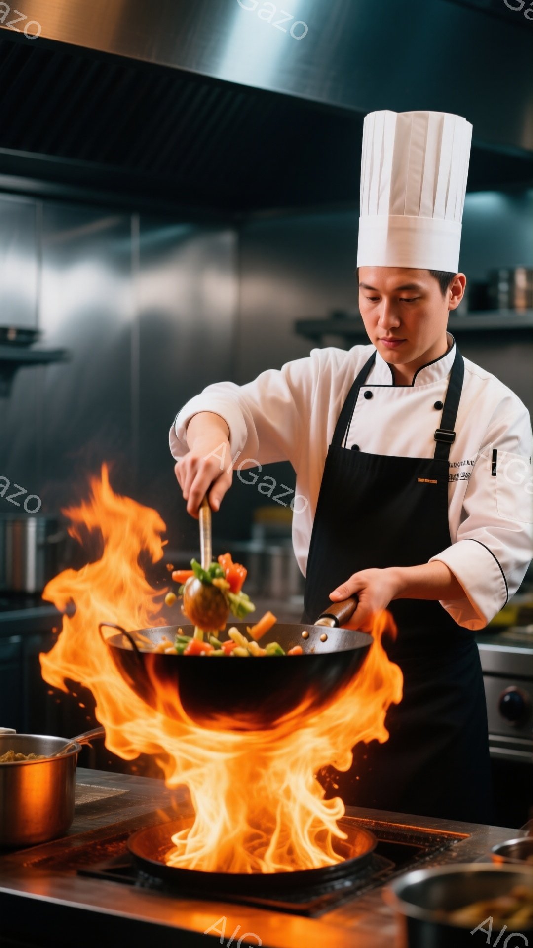 プロの料理人が、炎を巻き上げたフライパンで食材を炒めている様子が写っています。彼は白いコックコートと帽子を着用し、真剣な表情で調理に集中しています。背景には調理器具やステンレス製の壁が見え、プロの厨房 - AI生成フリー素材