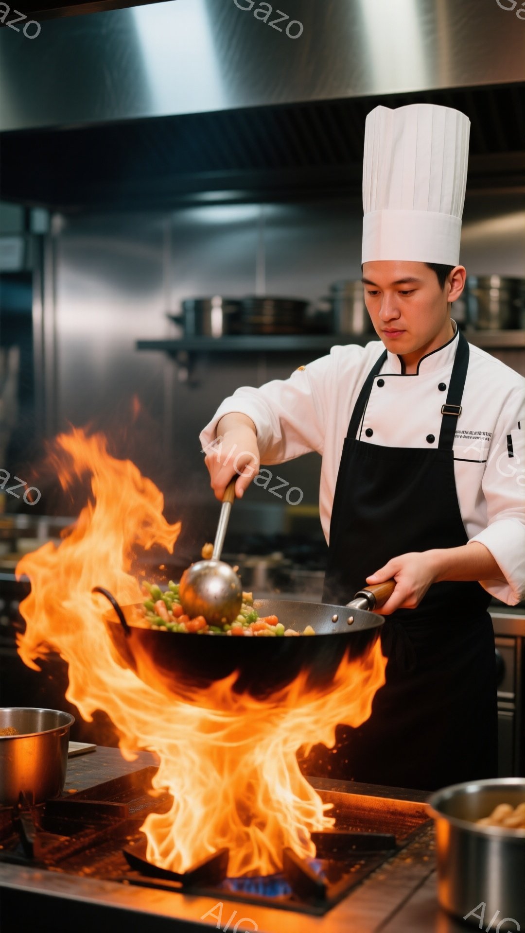 白いコック帽と黒いエプロンをつけた男性が、炎を巻き上げたフライパンを前に立っている。彼は真剣な表情でフライパンを操作し、調理に集中している様子がうかがえる。背景には調理器具が見え、プロフェッショナルな厨房の雰囲気が漂っている。