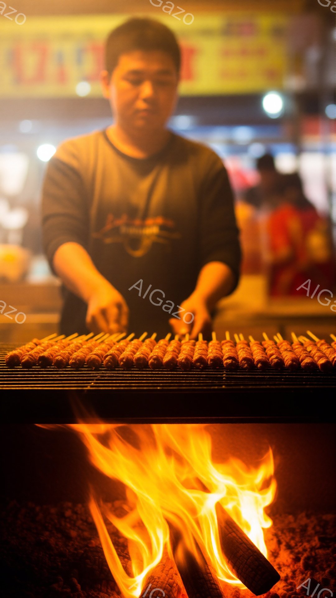 画像には、炭火で焼かれている串に刺されたたくさんのソーセージが写っています。男性は黒いTシャツを着ており、真剣な表情でソーセージを焼いています。背景にはぼやけた人々や屋台が見え、賑やかな屋台の雰囲気を感じさせます。