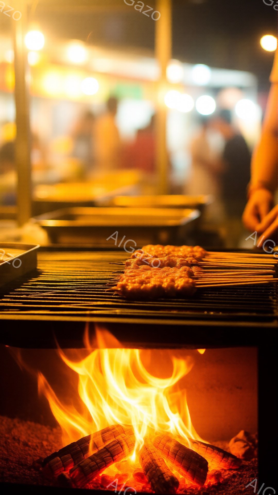 炭火の上に串団子が焼かれている様子が捉えられている。炎が勢いよく燃え盛り、団子は美味しそうな焼き色が付いている。背景はぼやけており、屋台や人々の影が見えることから、お祭りのような賑やかな場所であることが伺える。