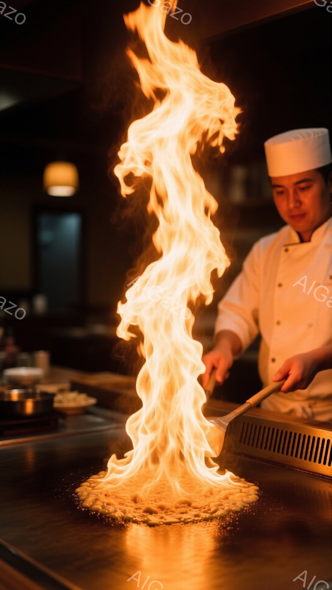 プロの料理人が鉄板の前で炎を操っている様子が写っている。白いコックハットとユニフォームを着用し、真剣な表情で調理を行っている。背景には調理器具や他の料理人がぼやけており、鉄板焼きレストランの賑やかな雰囲気が伝わってくる。