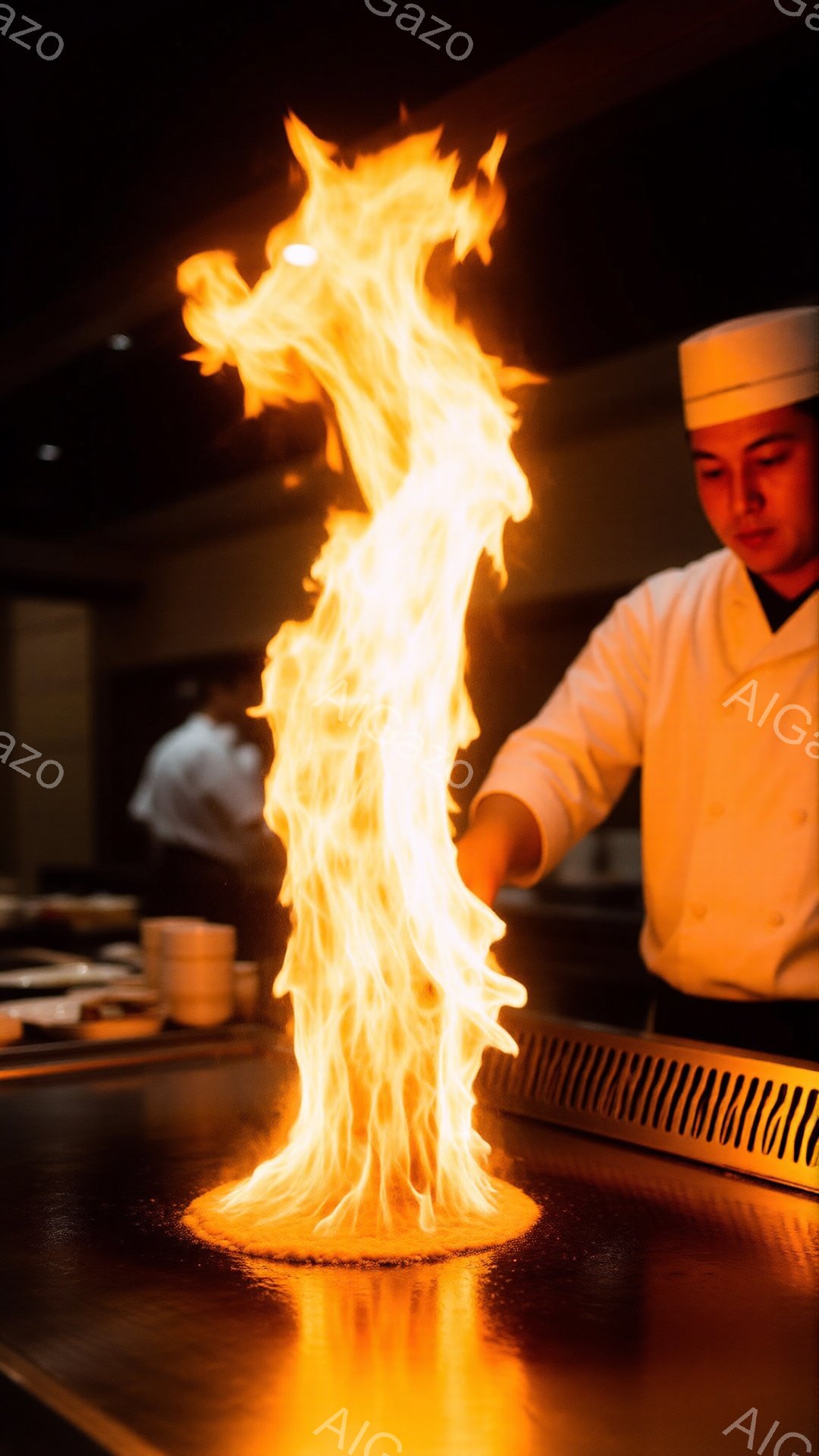 プロの料理人が鉄板焼きのパフォーマンスを行っており、炎が竜の形に燃え上がっている様子が印象的です。彼は白いコックコートと帽子を着用し、真剣な表情で炎を見つめています。背景には他のスタッフや調理器具が見え、レストランの賑やかな雰囲気が伝わってきます。