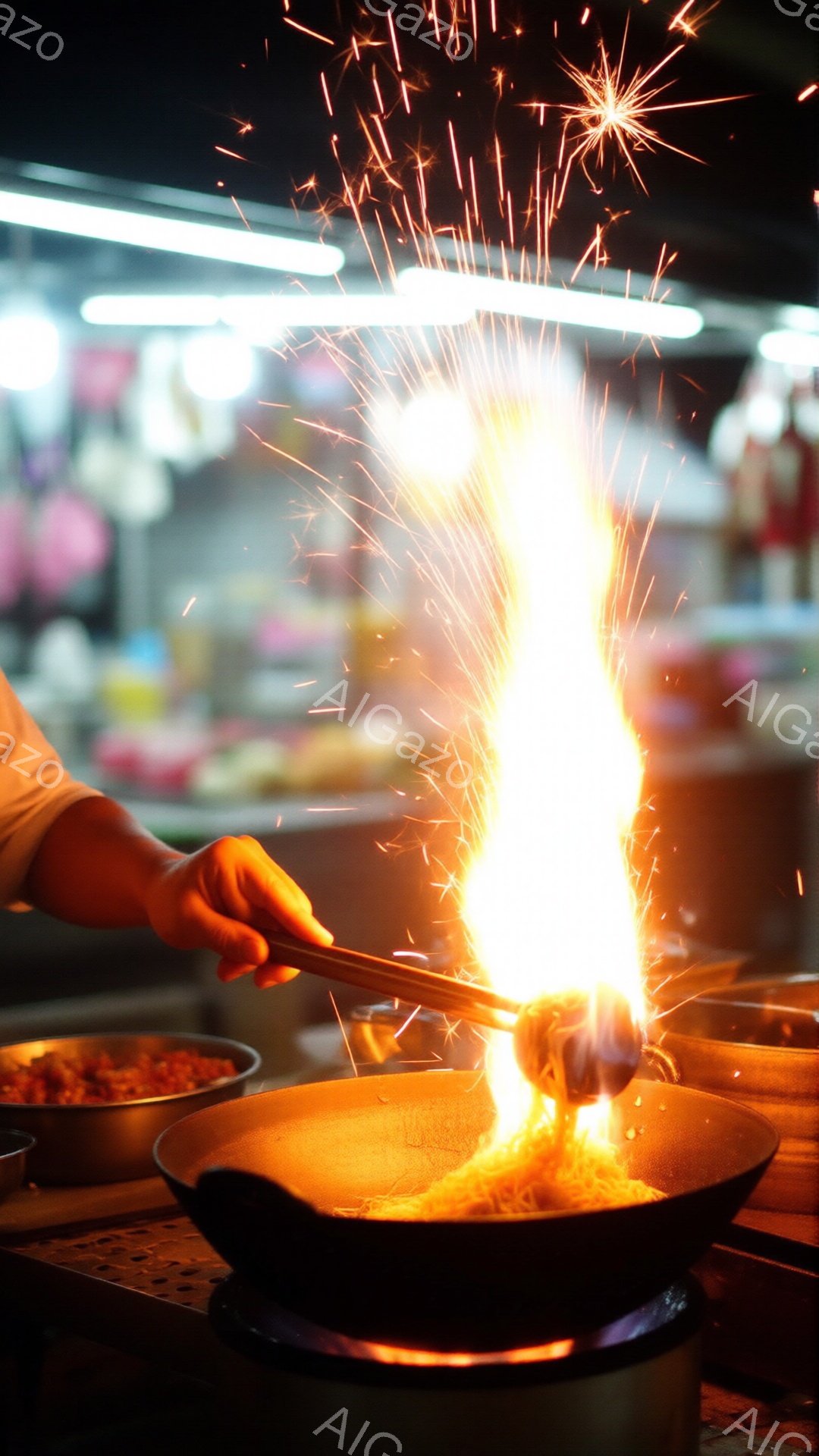 熱い火花が立ち上る調理シーンが捉えられています。黒いフライパンの中で食材が強火で調理されており、トングを持つ人物の手が見えます。背景は暗く、屋台のような場所で、活気のある雰囲気を感じさせます。
