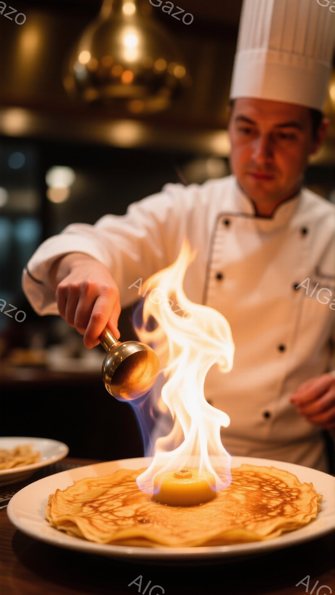 白いコック帽とコックコートを身につけた男性が、皿に乗ったクレープの上に黄色いクリームを乗せて炎を灯している様子が写っている。彼は真剣な表情で炎に向かってスプーンを傾け、炎がクレープの上で勢いよく燃え上がっている。背景はレストランの薄暗い室内で、暖色系の照明が使用されており、高級感と落ち着いた雰囲気が漂っている。