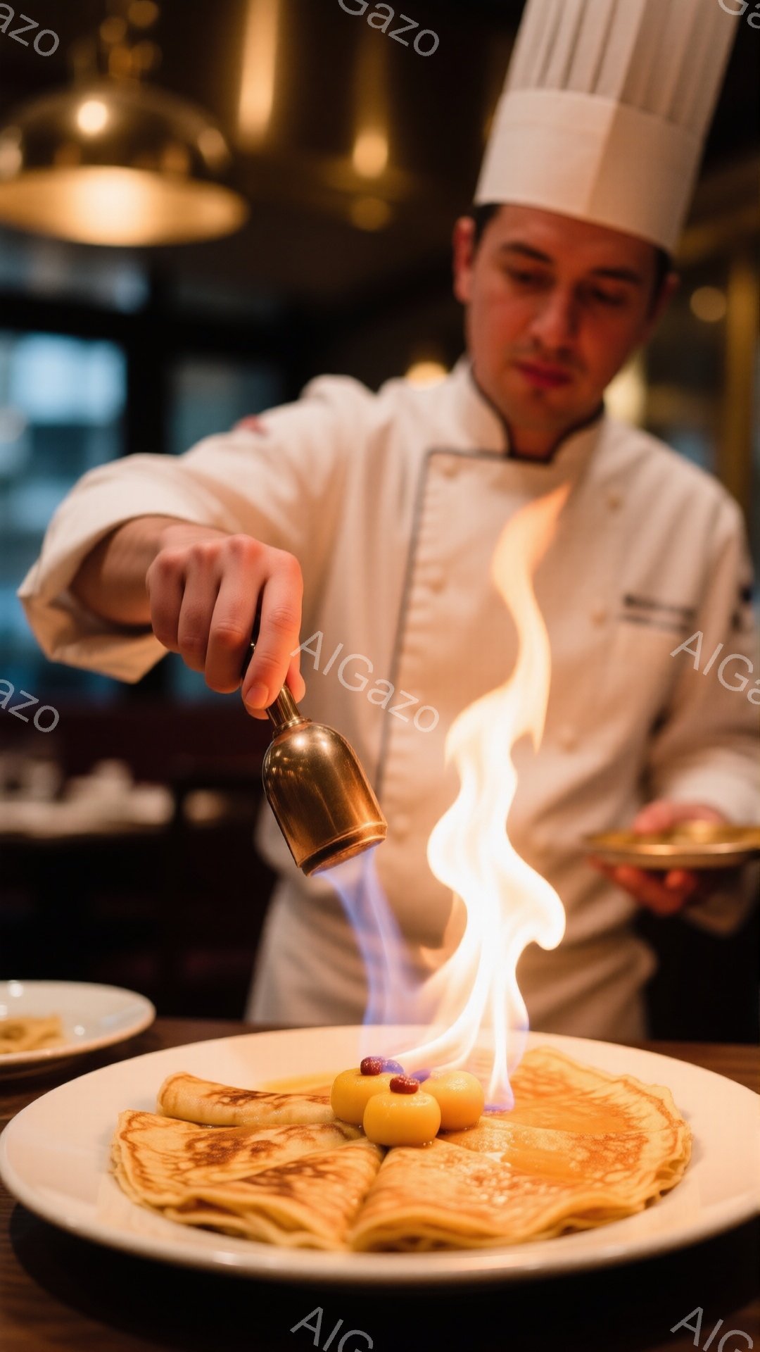 白いコックハットと制服を身につけた男性が、パンケーキの上に置かれたフルーツにフランベを行っている様子が写っている。彼の表情は真剣で、集中して作業に取り組んでいることがわかる。背景はレストランの落ち着いた雰囲気で、暖色系の照明が料理を強調している。