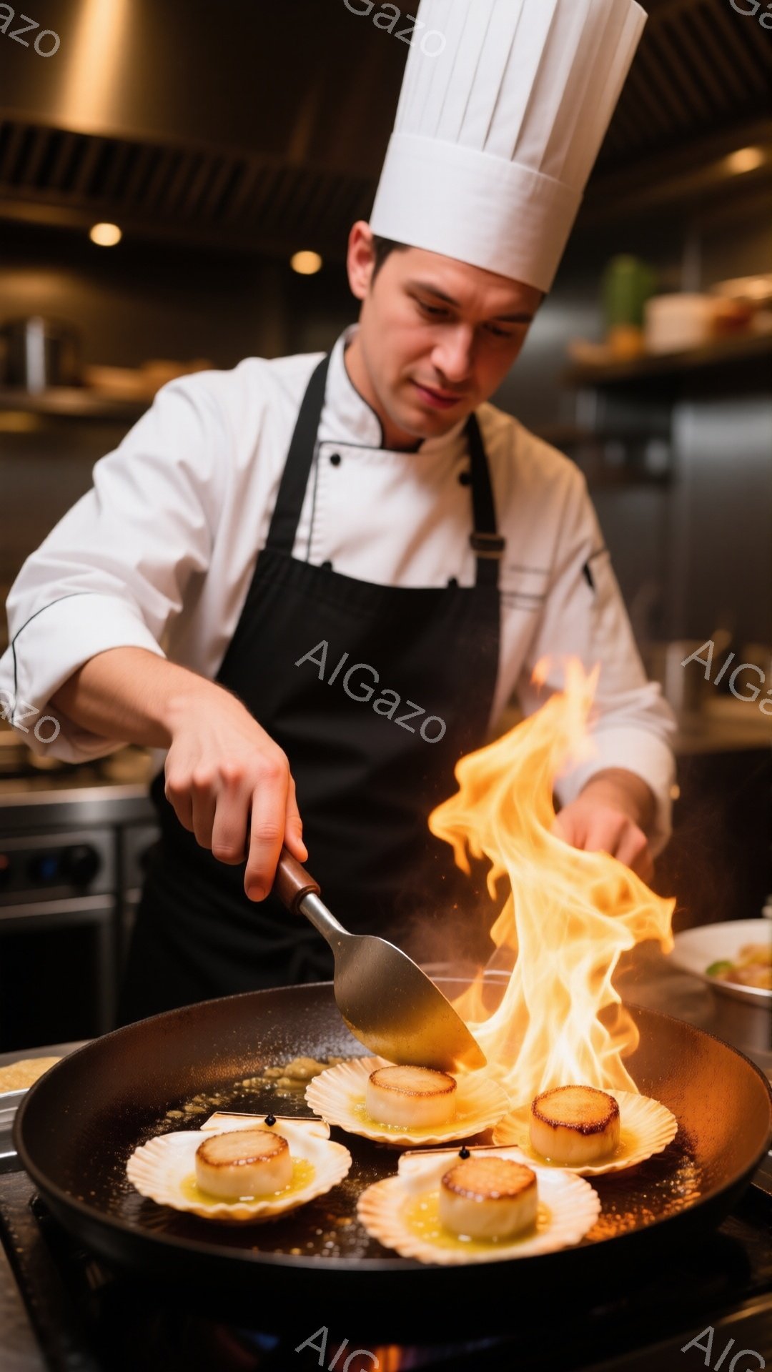 白いコック帽とエプロンをつけた男性が、フライパンの中で scallops（ホタテ）を炎で焼いている様子が捉えられています。彼の表情は真剣で、調理に集中していることが伺えます。背景はキッチンで、調理器具やステンレス製の設備が見え、プロフェッショナルな雰囲気です。