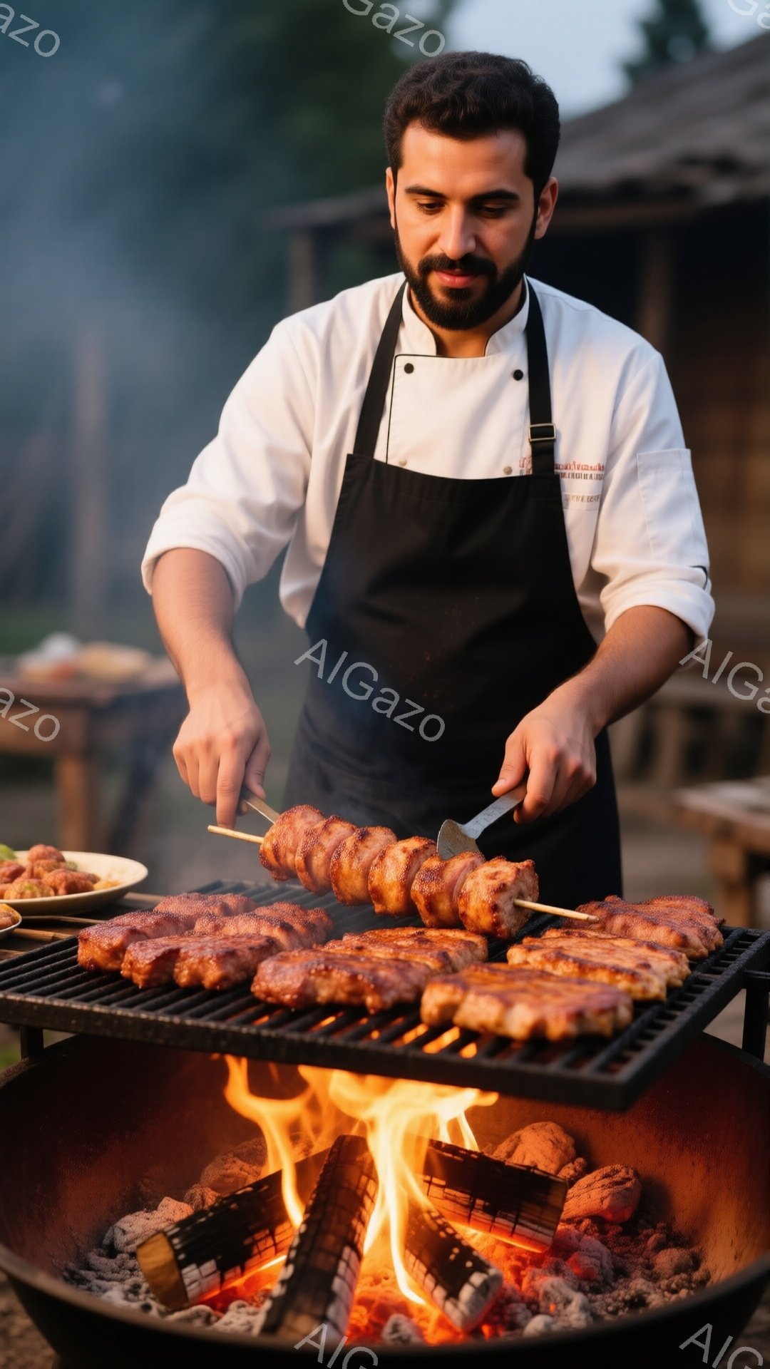 男は白いコックコートと黒いエプロンを着ており、口ひげを生やした整髪された髪型をしている。彼は炭火で焼かれている串に刺された肉を見下ろしながら、慎重に肉を焼いている。背景には木々と炎が燃え盛るグリルがあり、暖かく、活気に満ちた雰囲気を作り出している。