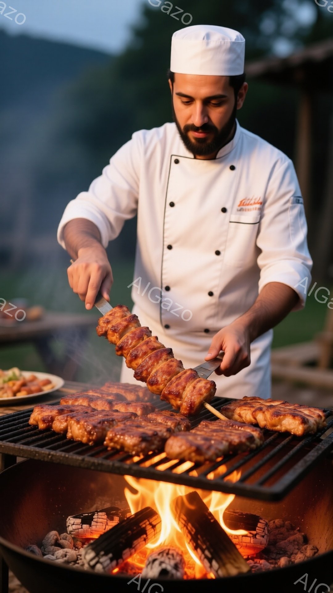 白いコックコートと帽子を着用した男性が、燃え盛る炭火のグリルで肉を焼いている。彼は真剣な表情で、串に刺された肉をナイフとフォークで慎重に扱っている。背景には、緑豊かな自然と薄暗い空が見え、暖かく活気のある雰囲気である。