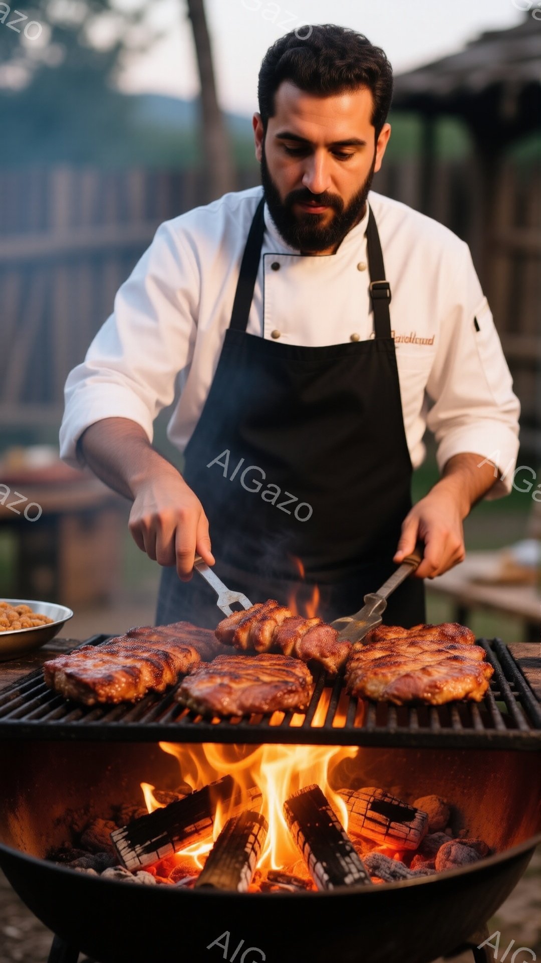 髭を生やした男性が、炭火でステーキを焼いている様子が写っている。彼は白いコックコートと黒いエプロンを着ており、真剣な表情でステーキをトングとフォークで調理している。背景には緑豊かな木々が見え、暖かく、プロフェッショナルな雰囲気のバーベキューの場面である。
