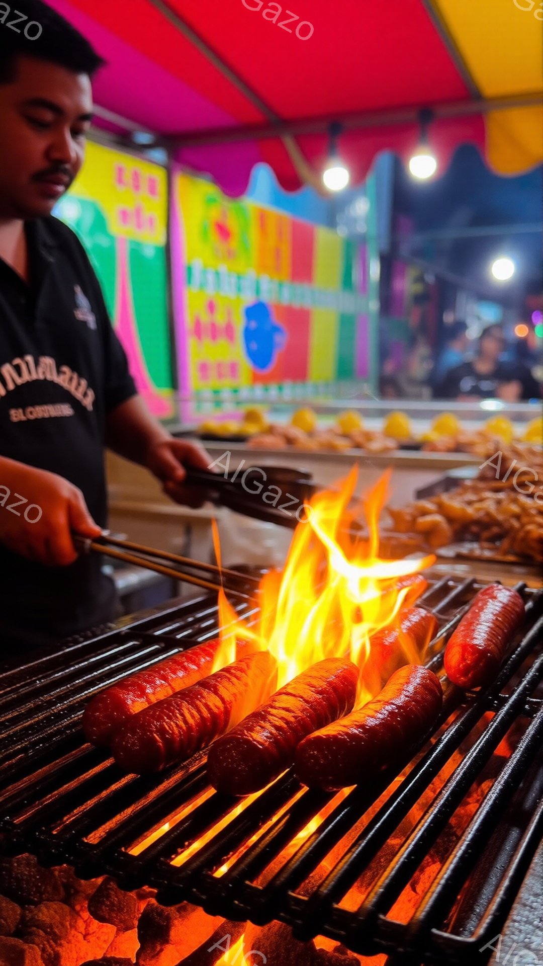 炭火の上にソーセージが並べられ、炎が勢いよく立ち上っている様子が写っている。調理師は黒い制服を着ており、少し険しい表情でソーセージを調理している。背景にはカラフルな装飾が施された屋台や、ぼやけた人影が見え、賑やかな夜の屋台の雰囲気が伝わってくる。